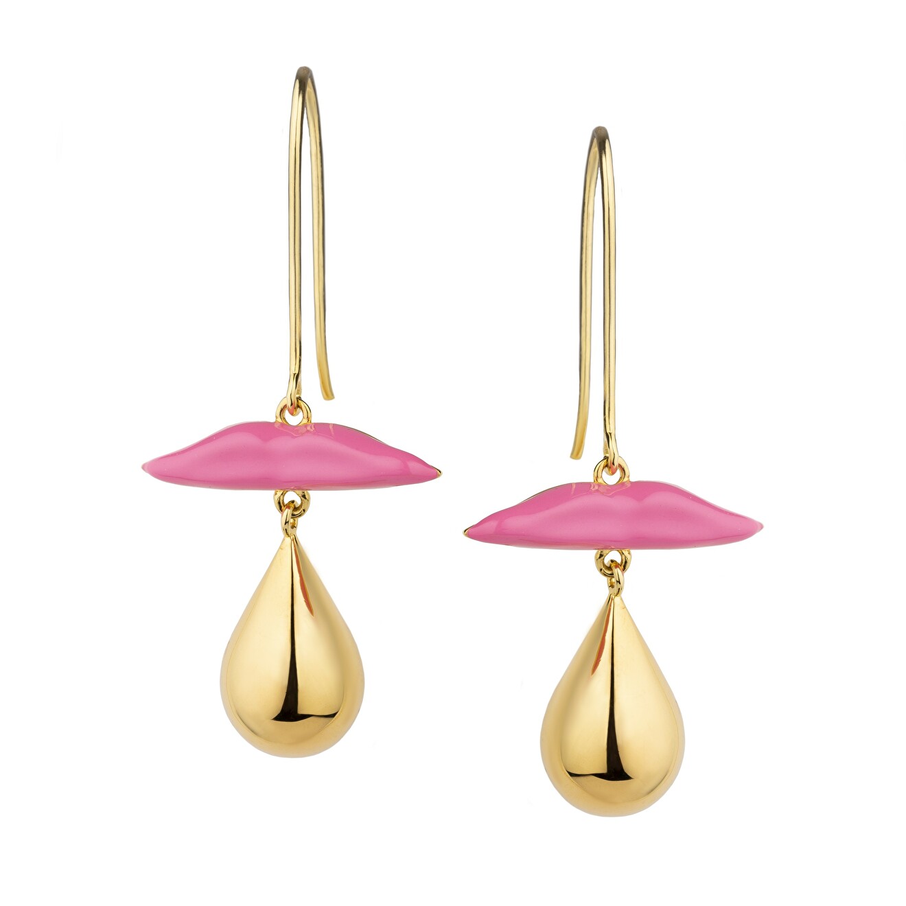 Gold-plated earrings with drop pendants and pink lips