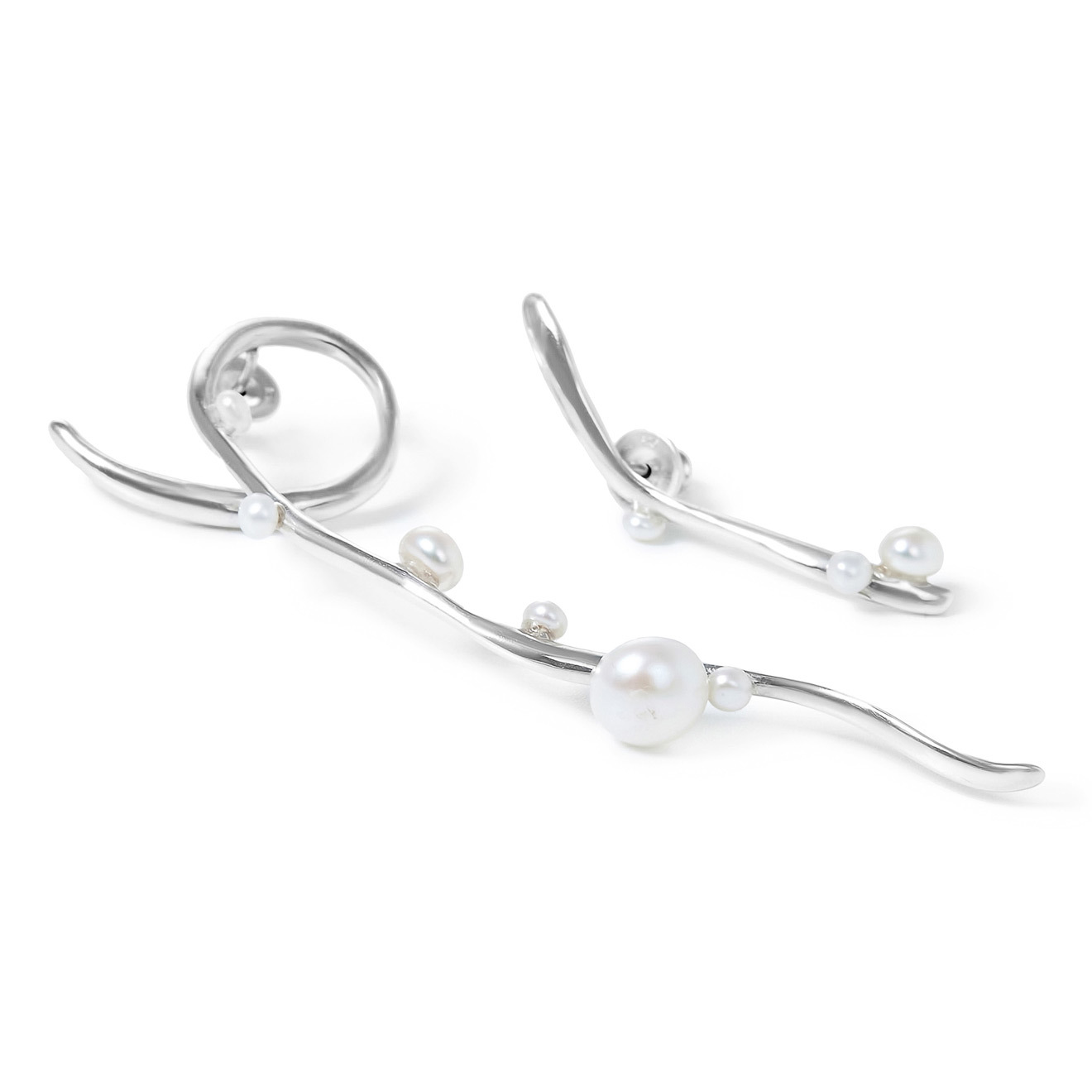 Asymmetric Esther Silver Earrings with Pearls