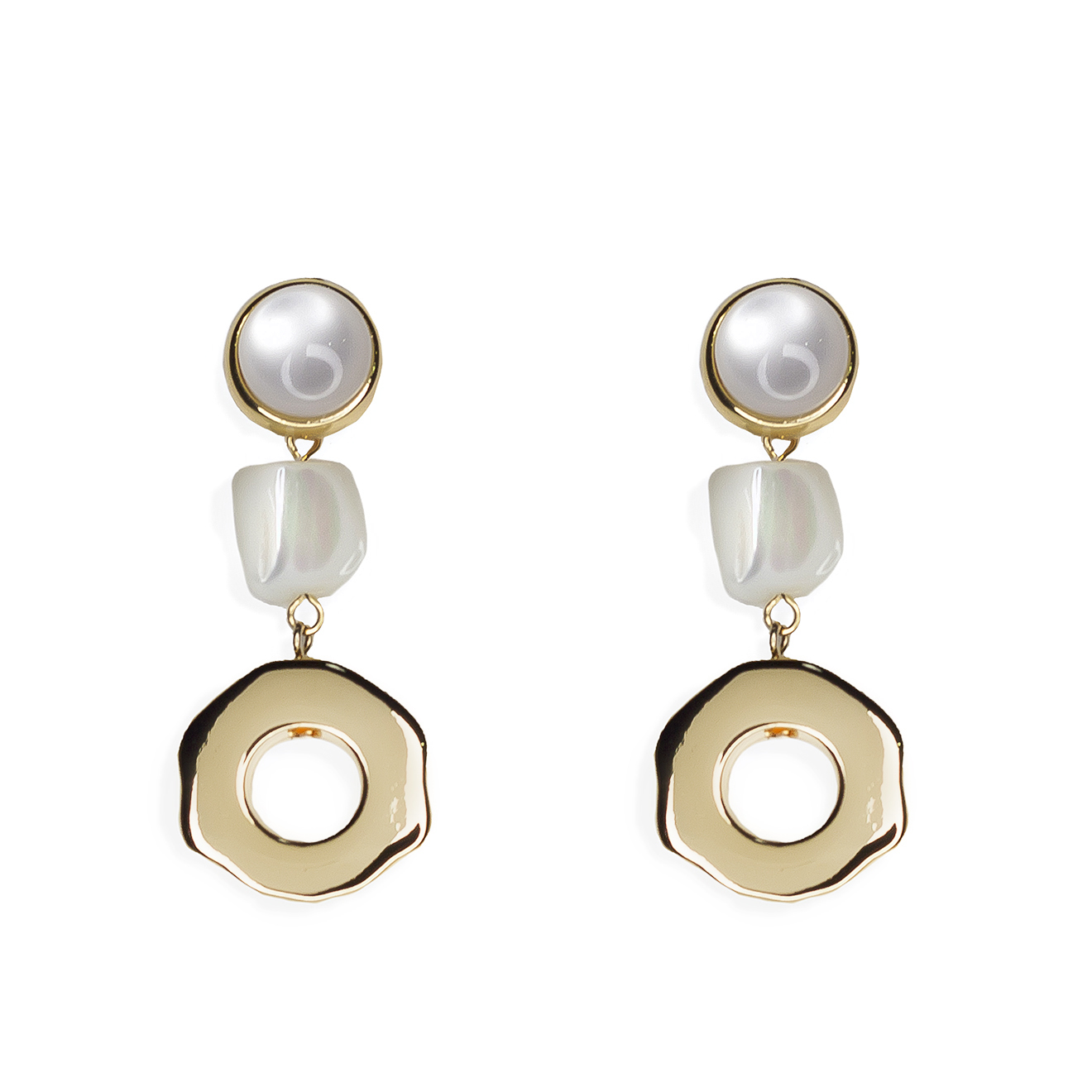 earrings with a light stone and round pendants