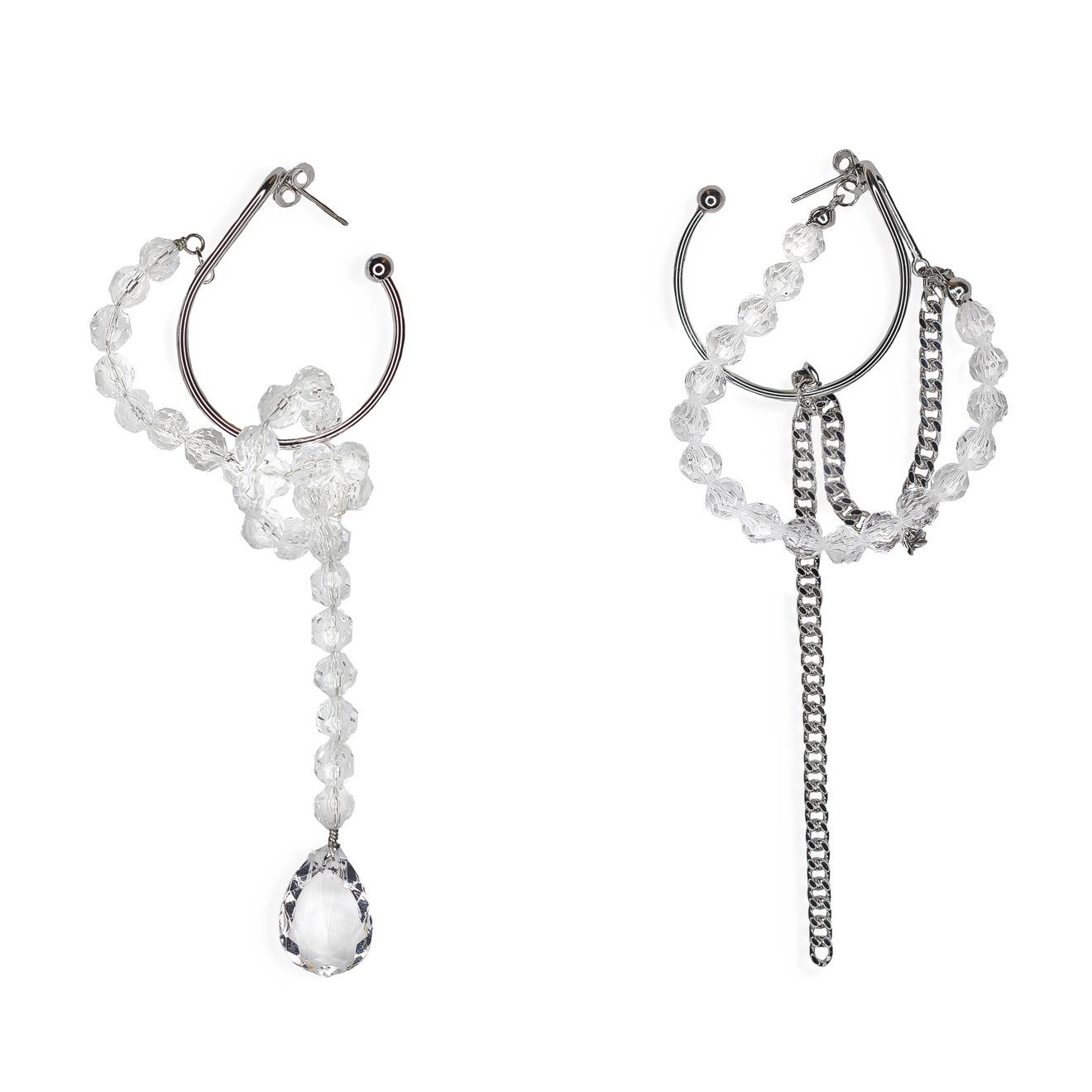 asymmetric earrings with chain pendants and crystals