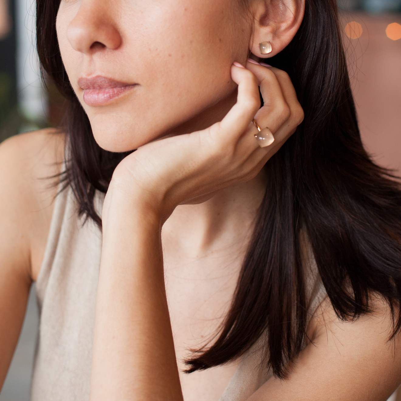Kisses Mini Gold Stud Earrings with Rose Quartz