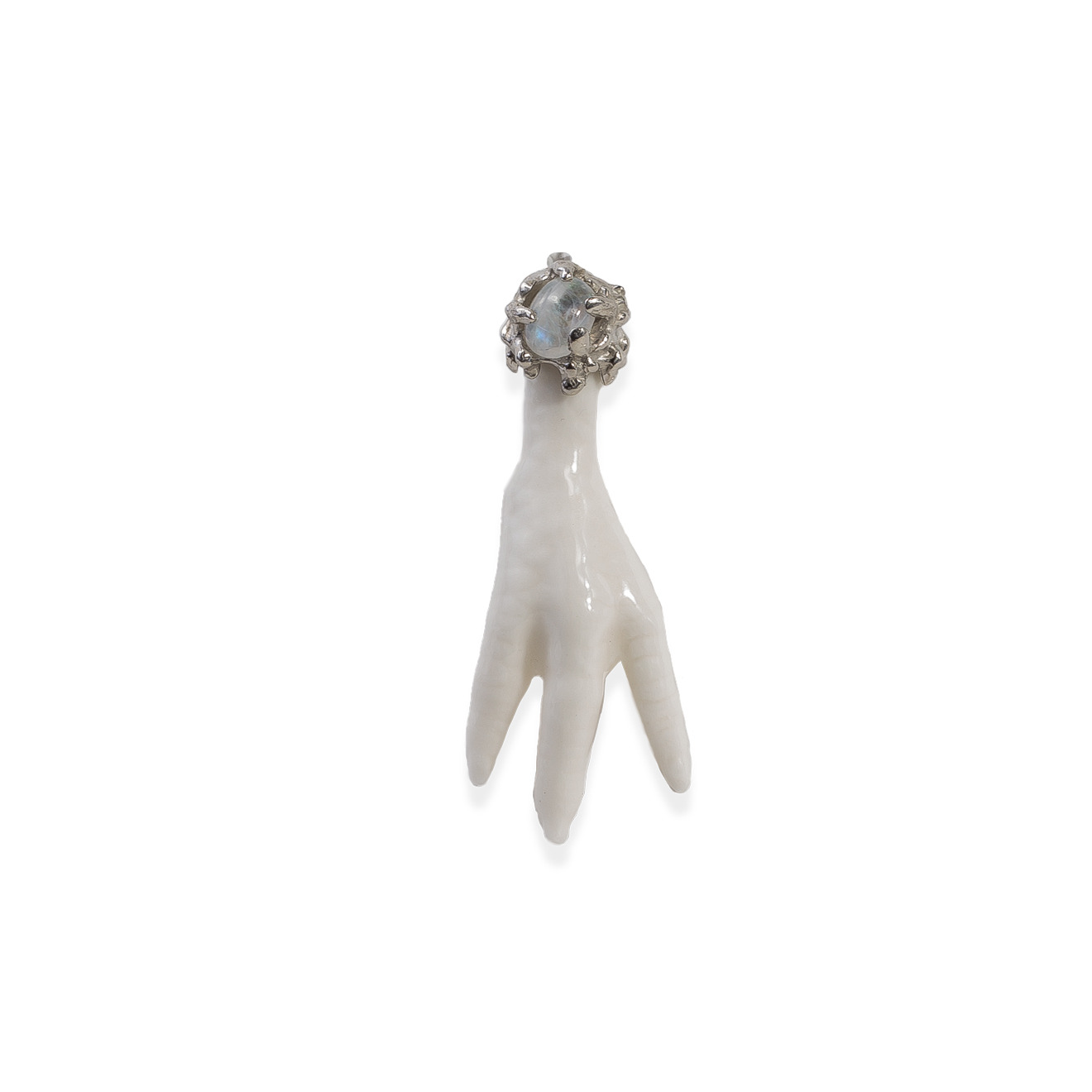 Brooch-foot made of porcelain and silver with a moonstone