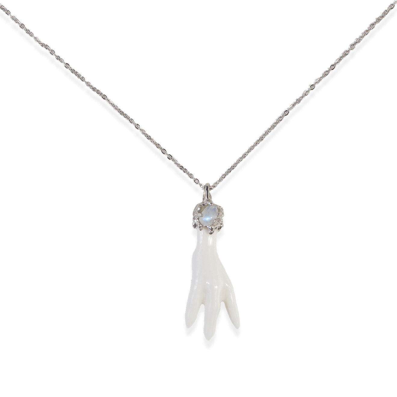 Pendant-foot made of porcelain with a moonstone on a silver chain