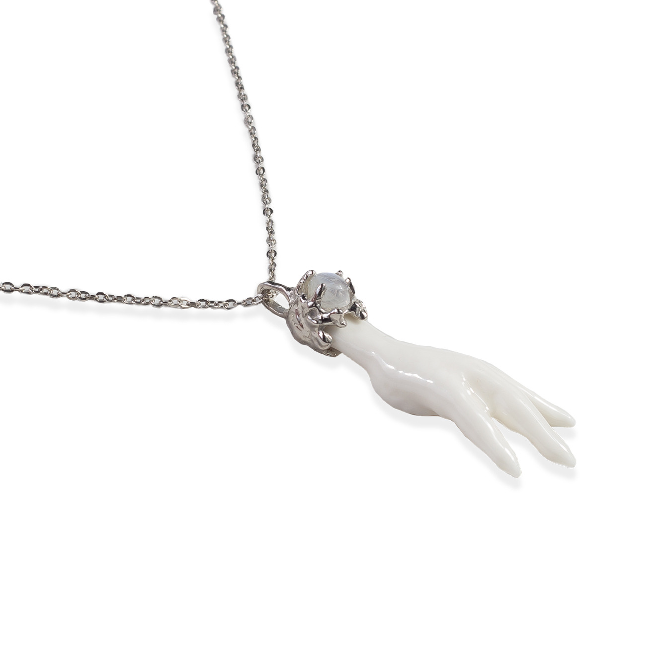 Pendant-foot made of porcelain with a moonstone on a silver chain