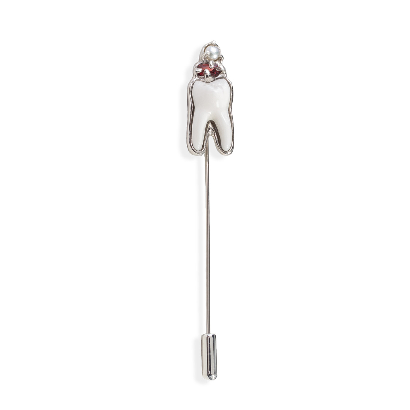 Tooth brooch made of porcelain and silver with garnet and pearls