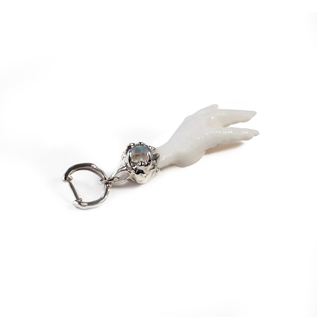 Silver and porcelain foot earrings with moonstone