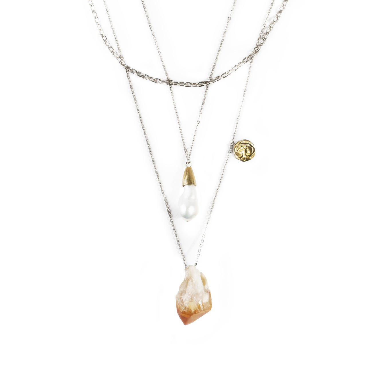 Multi-layered necklace made of silver with pearl and citrine pendants
