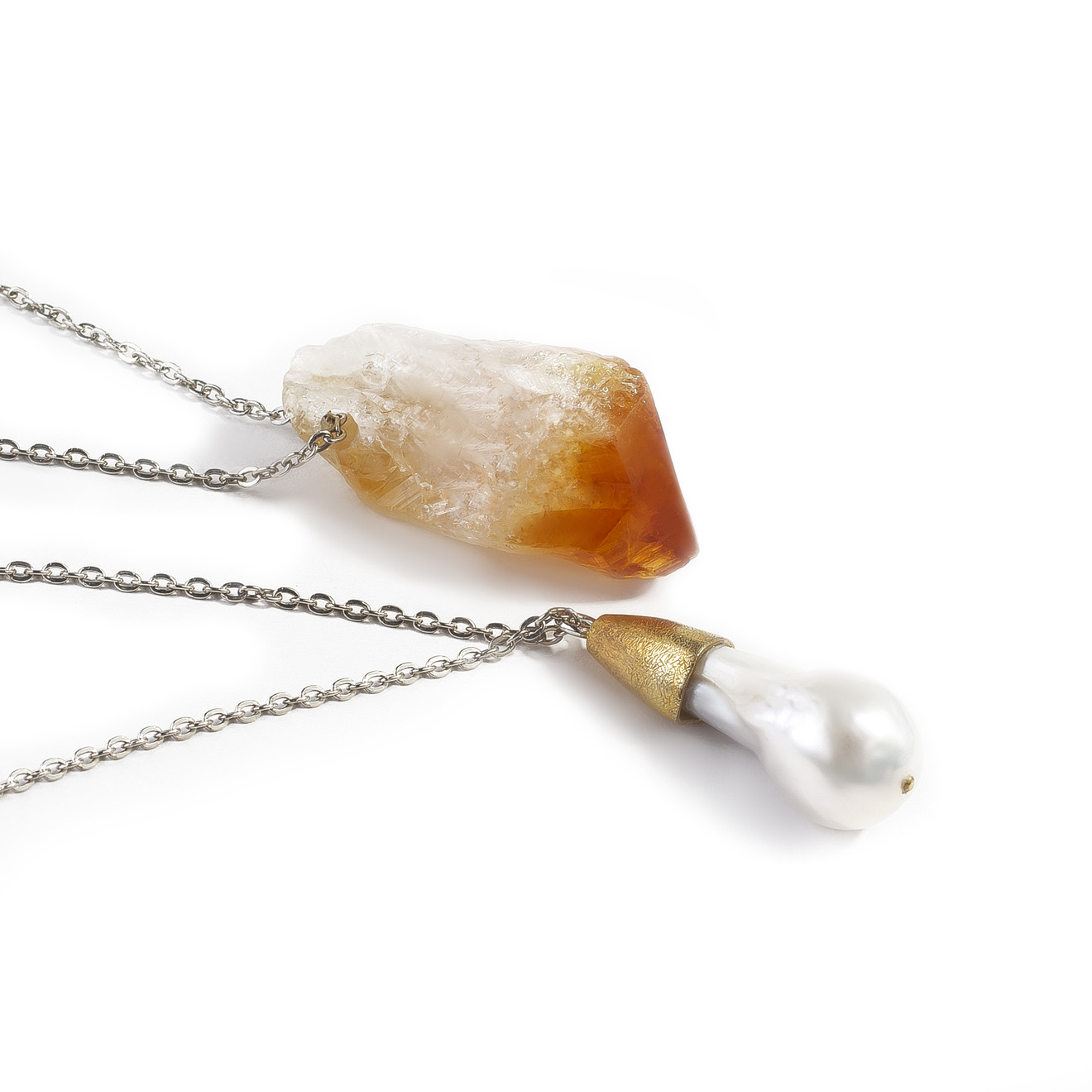 Multi-layered necklace made of silver with pearl and citrine pendants