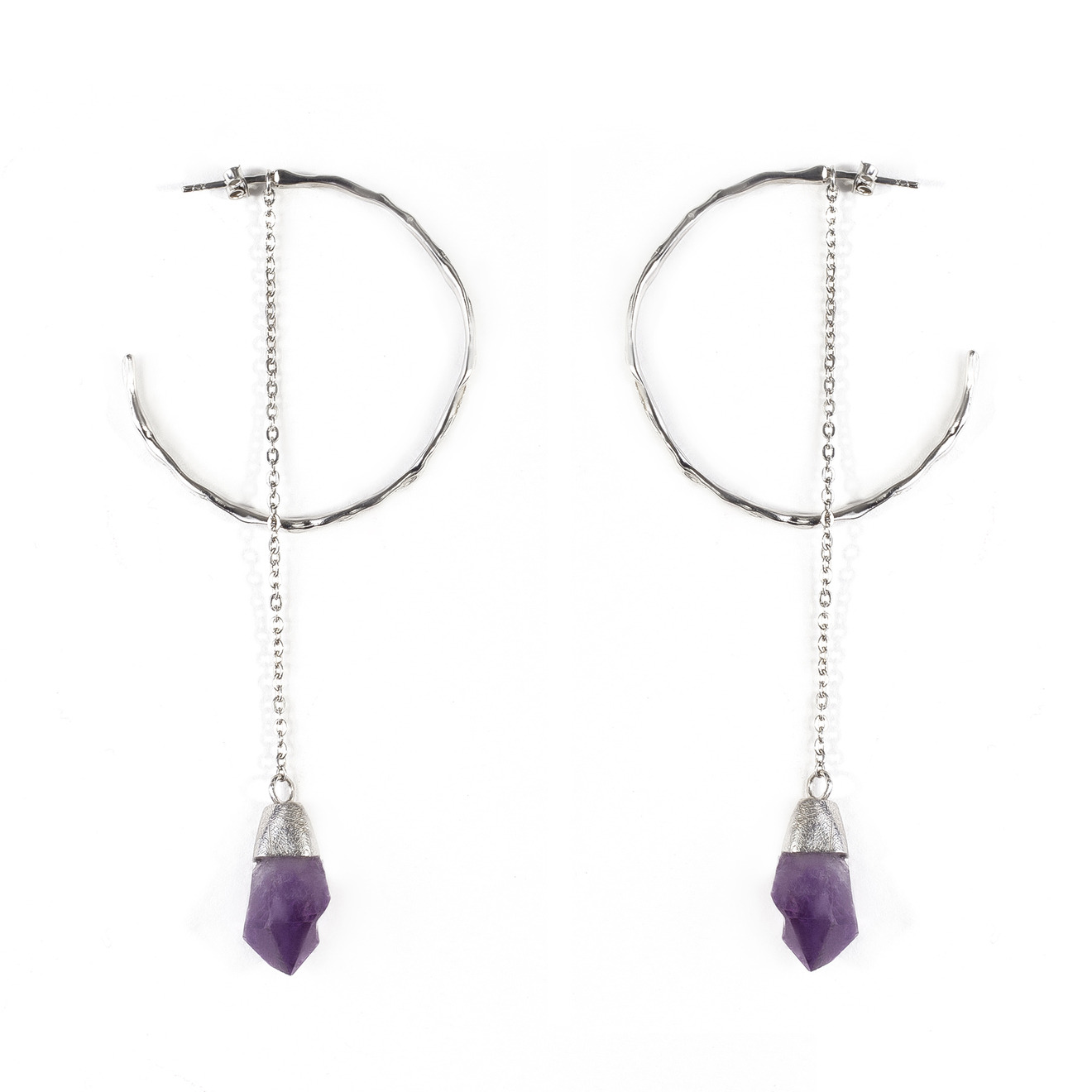 Silver hoop Earrings with removable amethyst chains