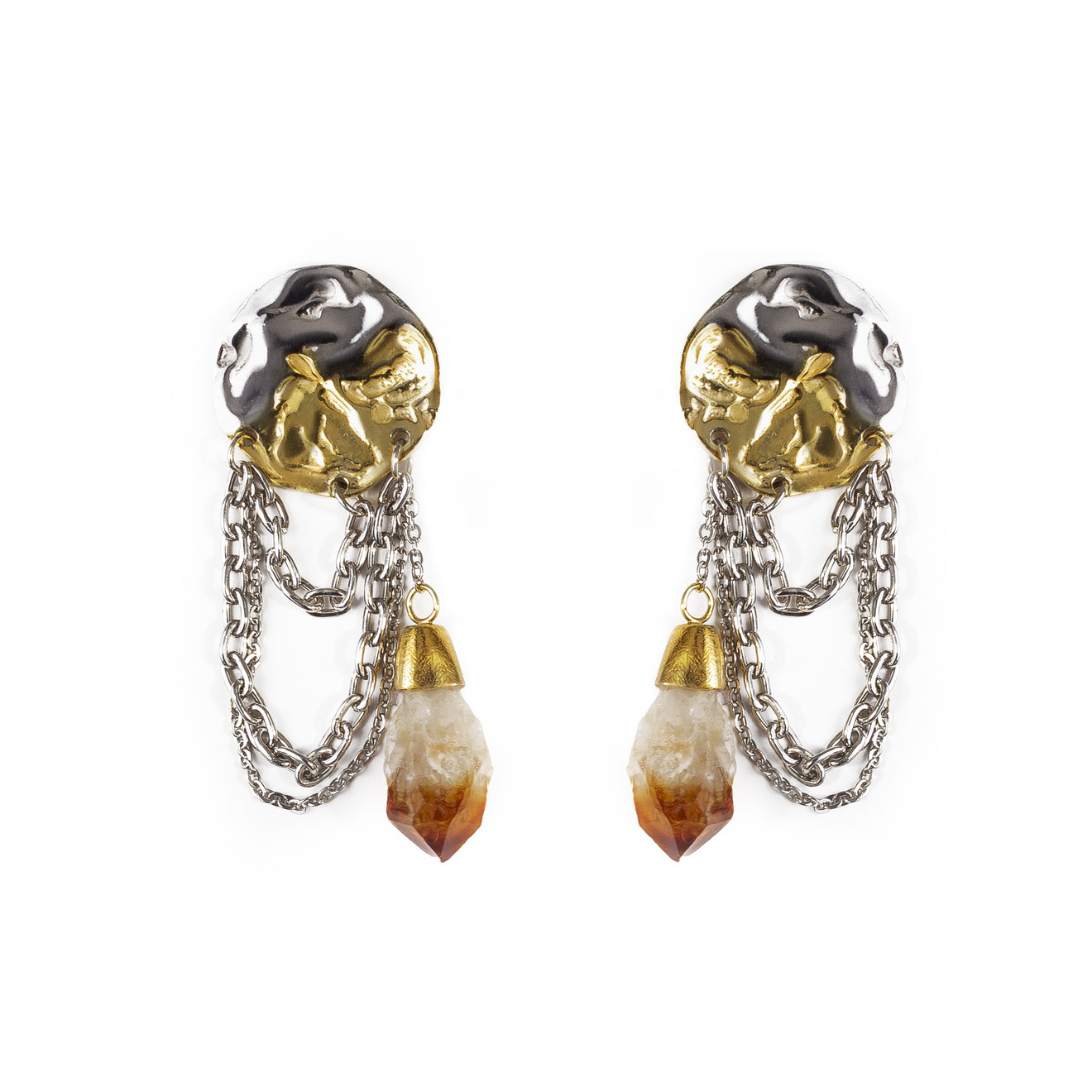 Gold-plated silver coin earrings with chains and citrine
