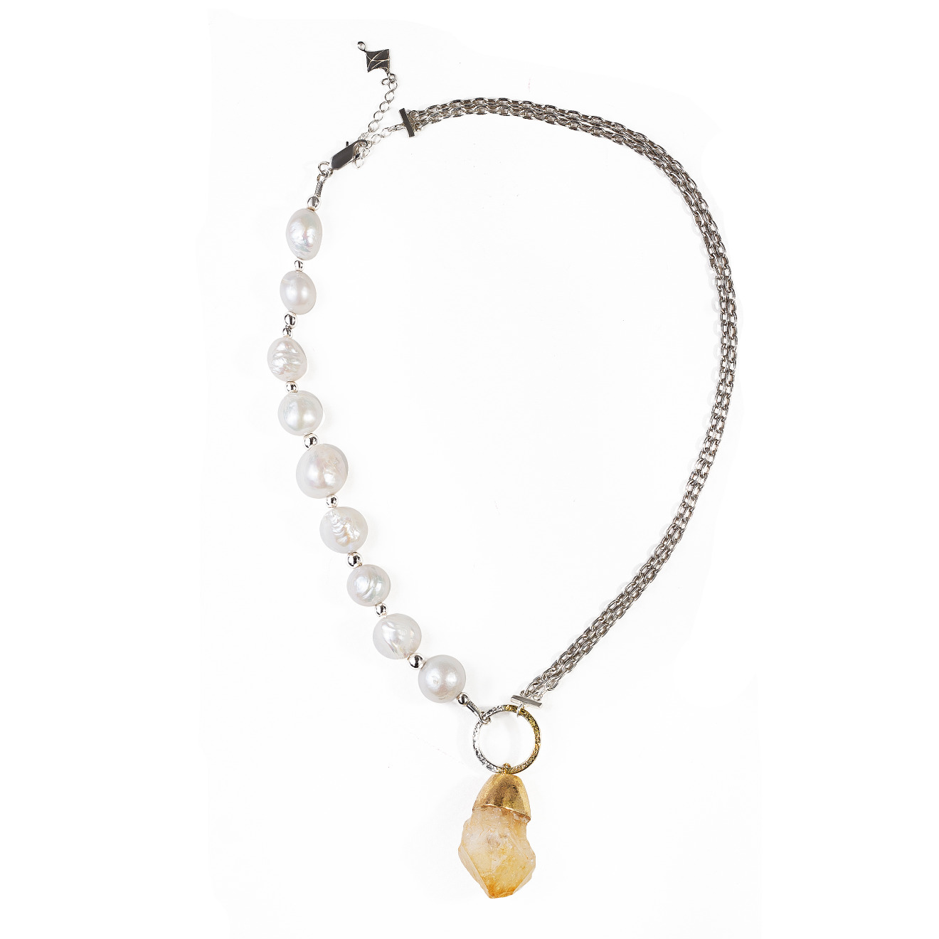 Necklace made of silver with a string of baroque pearls and citrine