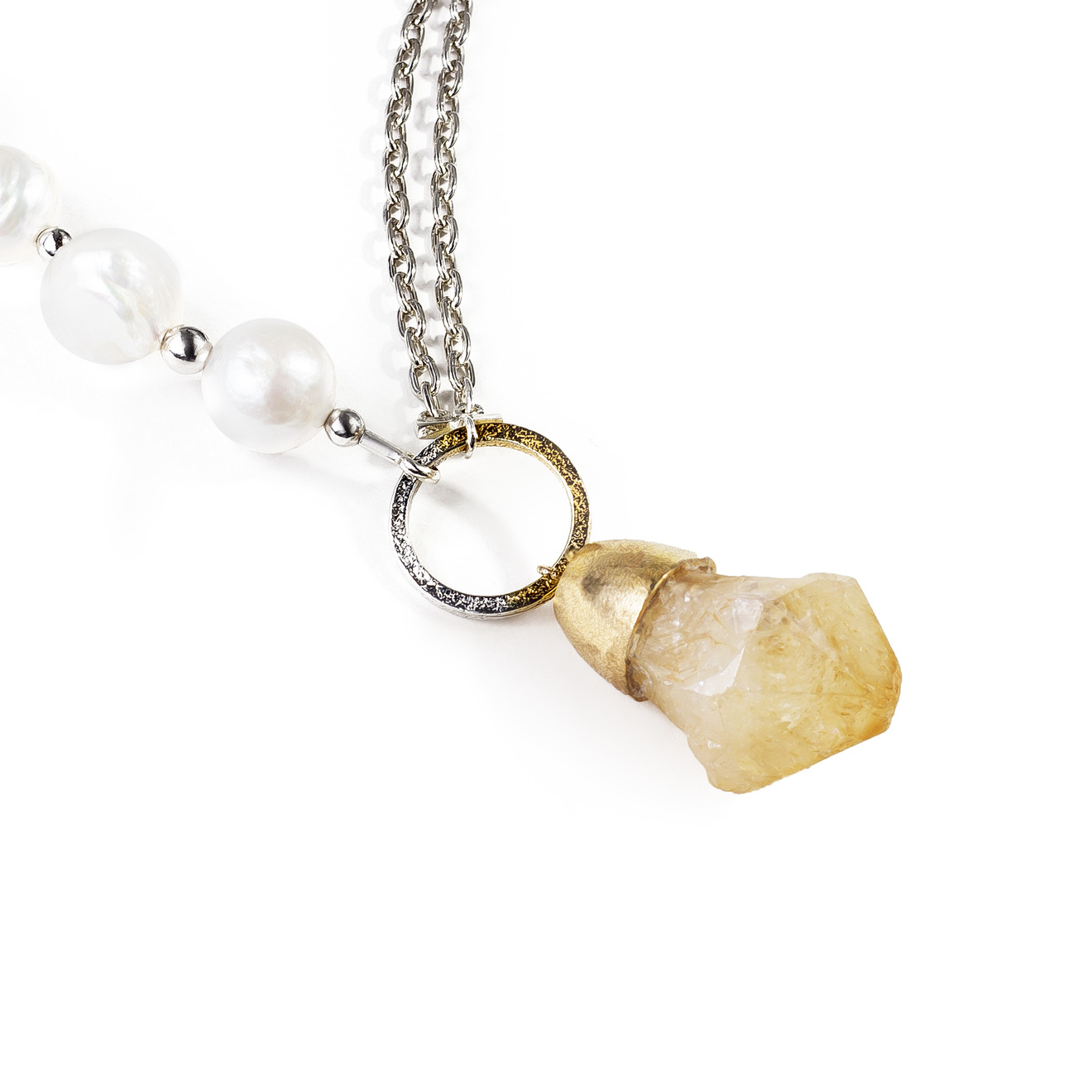 Necklace made of silver with a string of baroque pearls and citrine