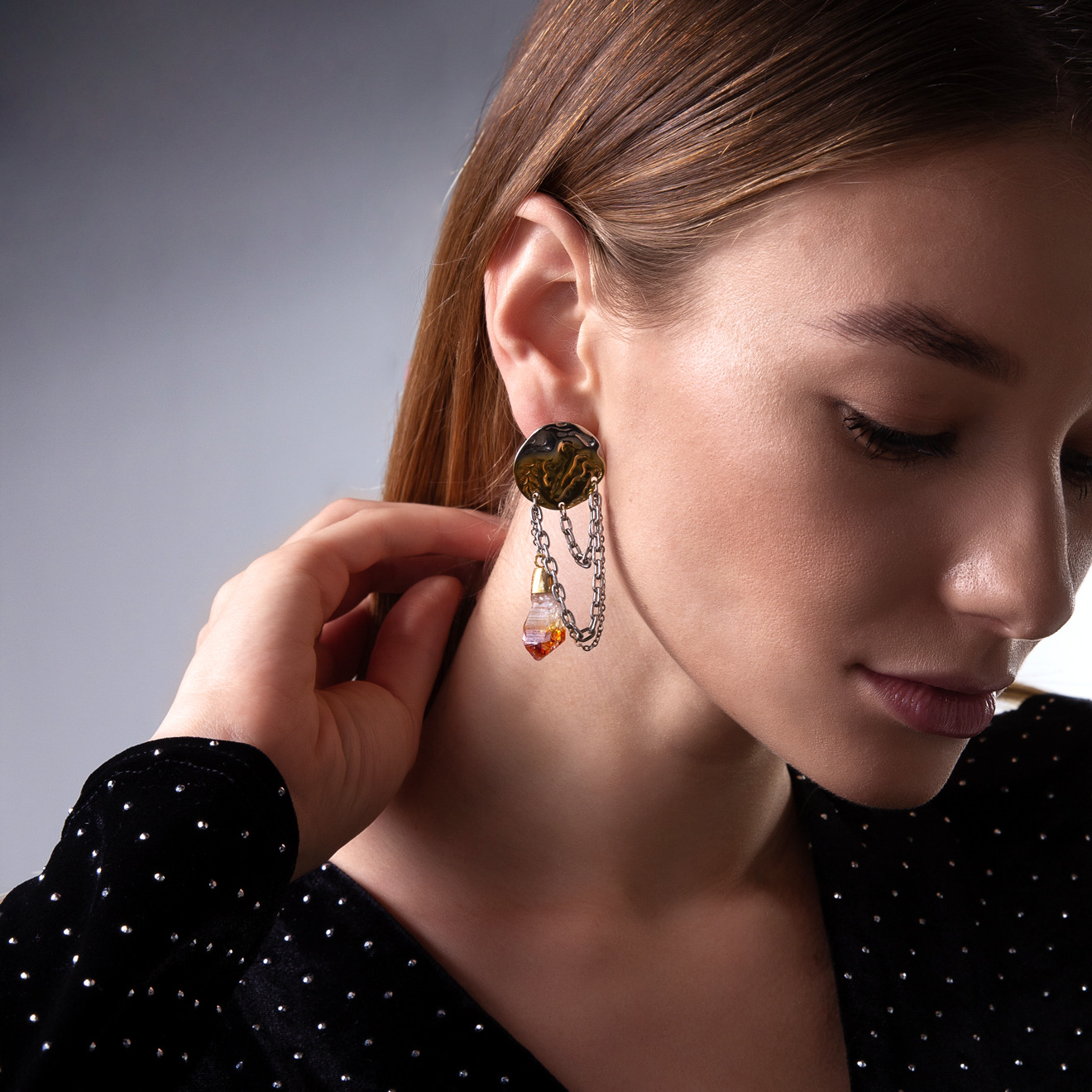 Gold-plated silver coin earrings with chains and citrine