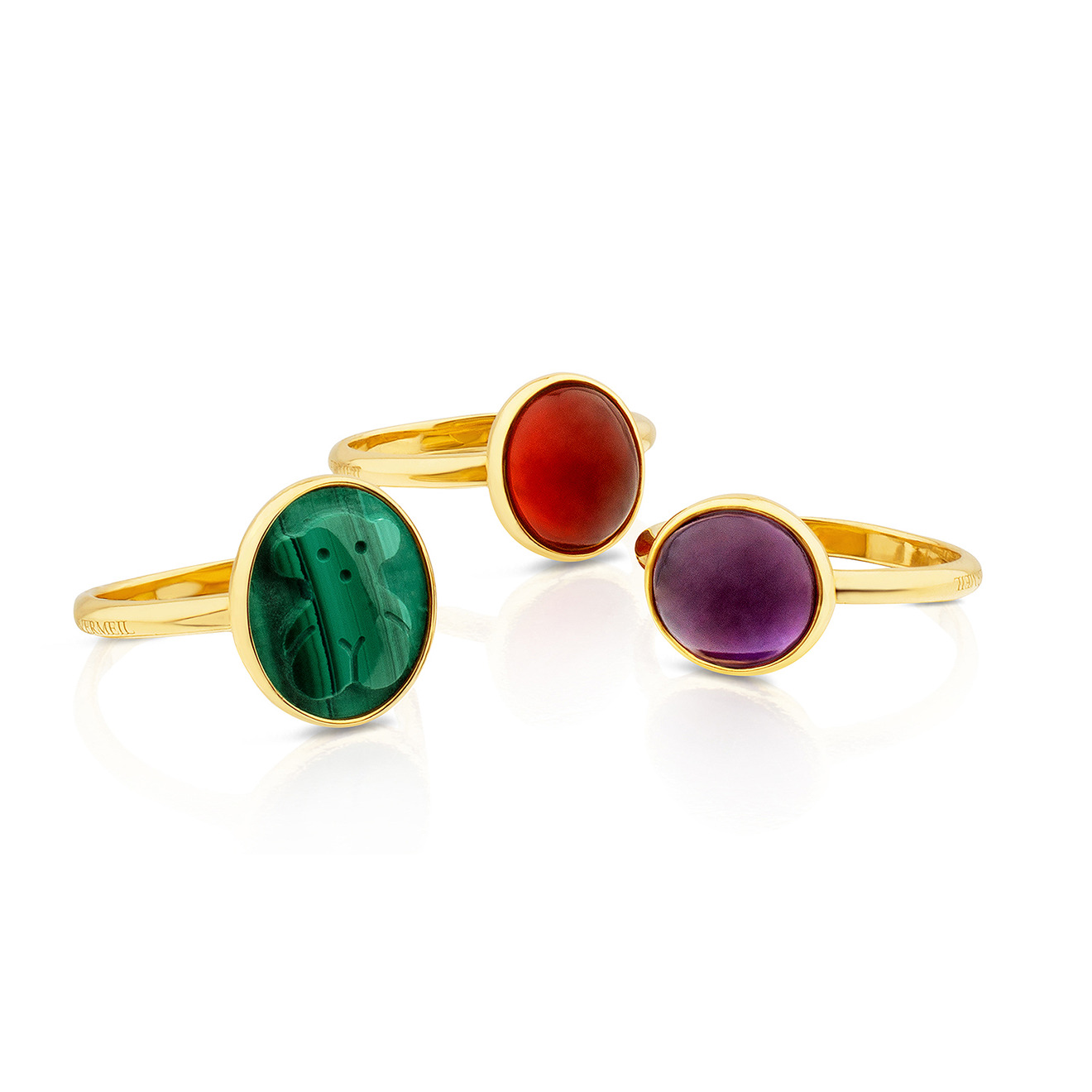 Set of three rings made of silver with vermeil coating, malachite, carnelian and amethyst