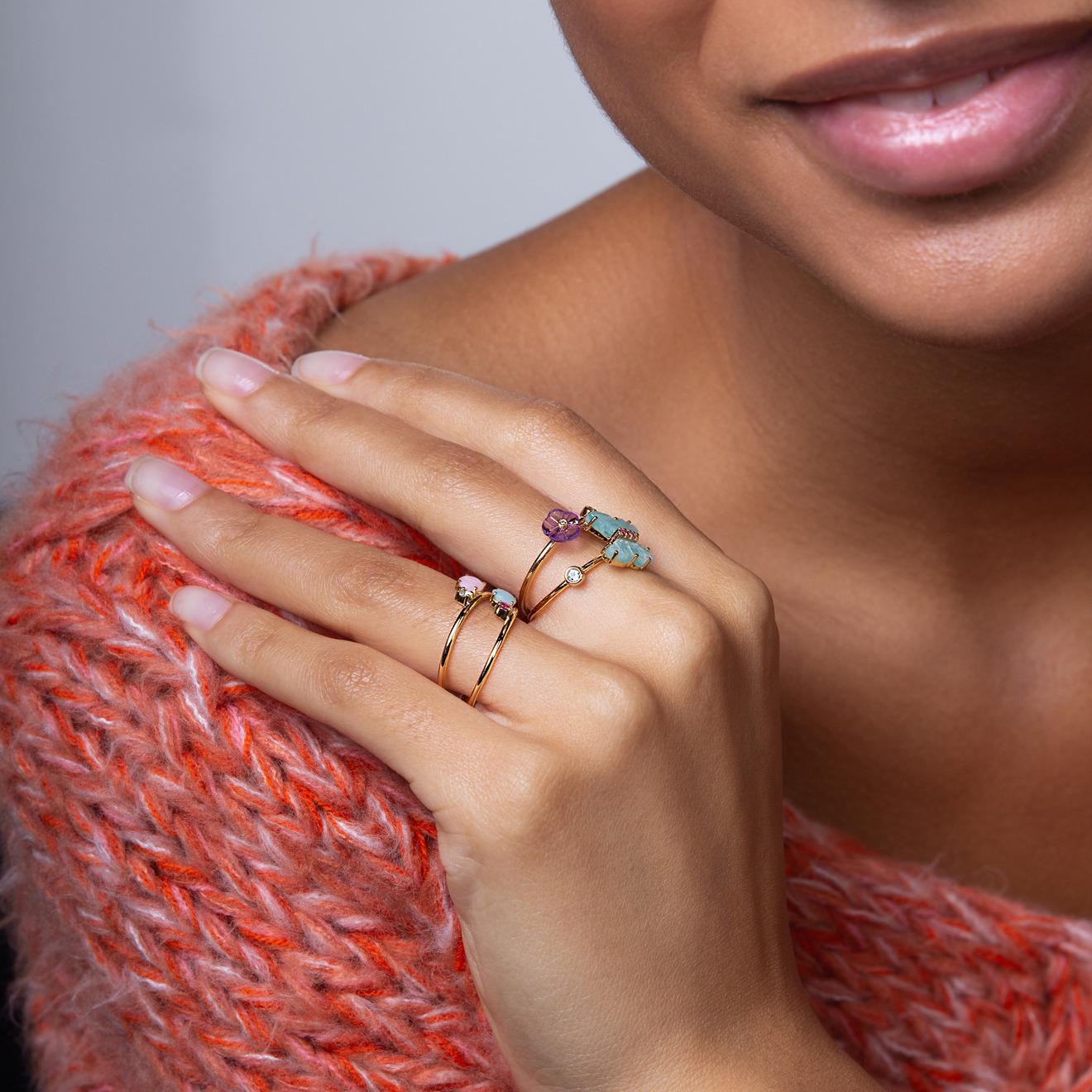 Vita gold ring with ruby, amazonite, amethyst and apatite