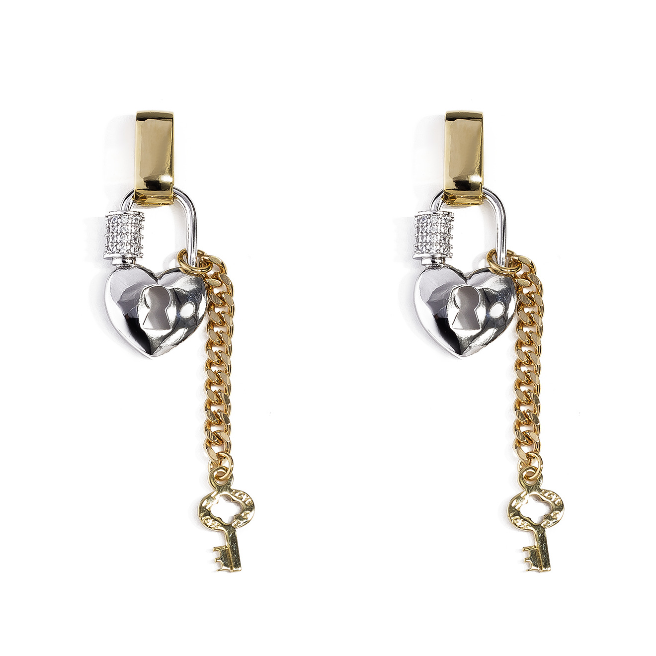 Bicolor earrings with silver lock and key