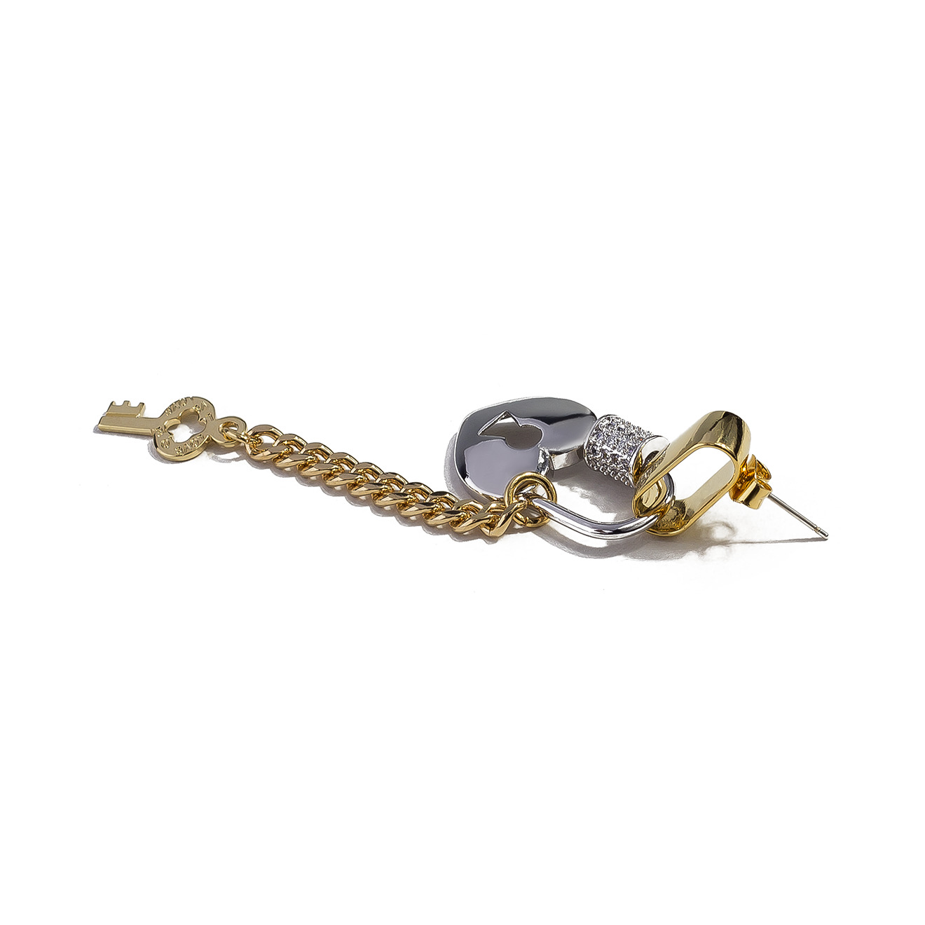 Bicolor earrings with silver lock and key