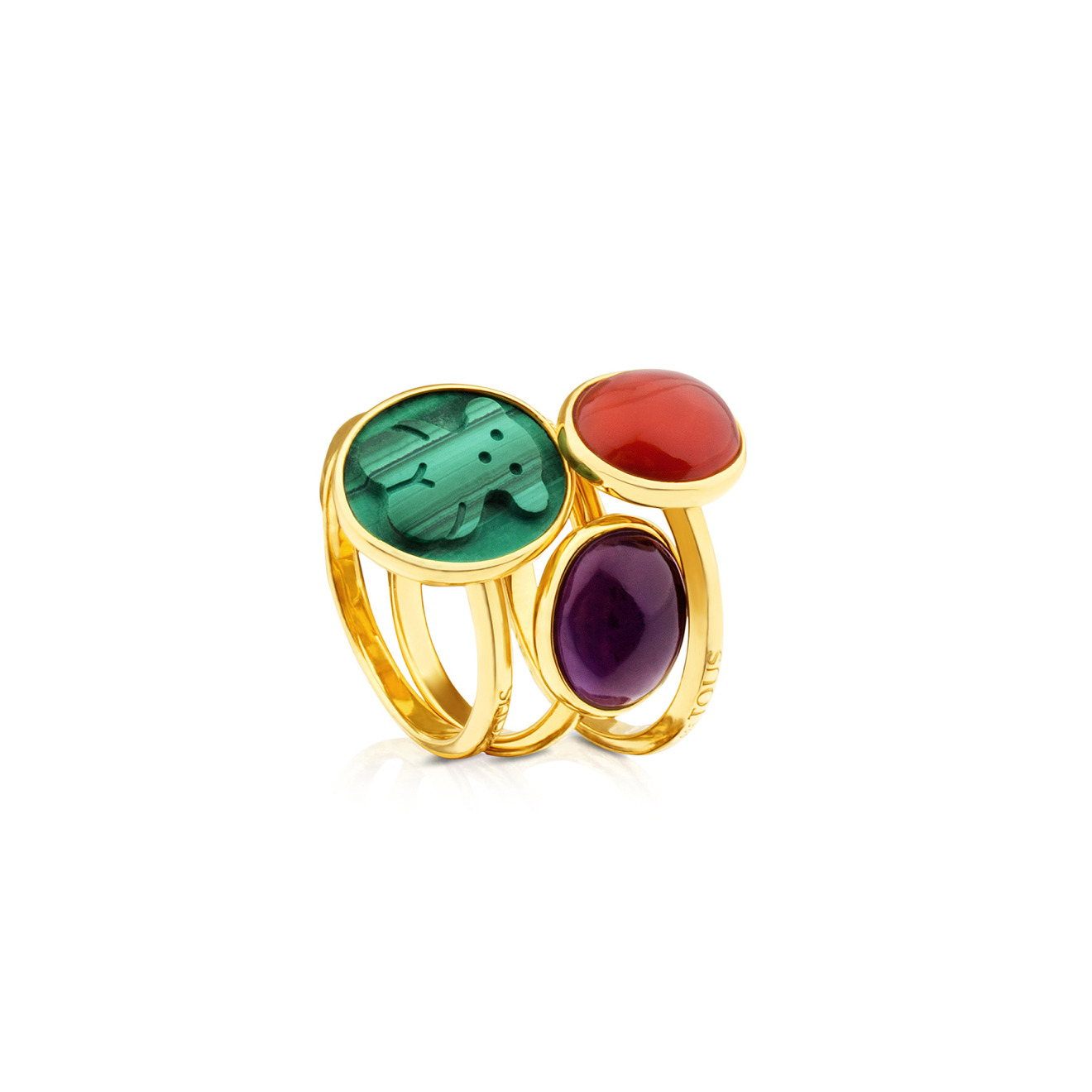 Set of three rings made of silver with vermeil coating, malachite, carnelian and amethyst