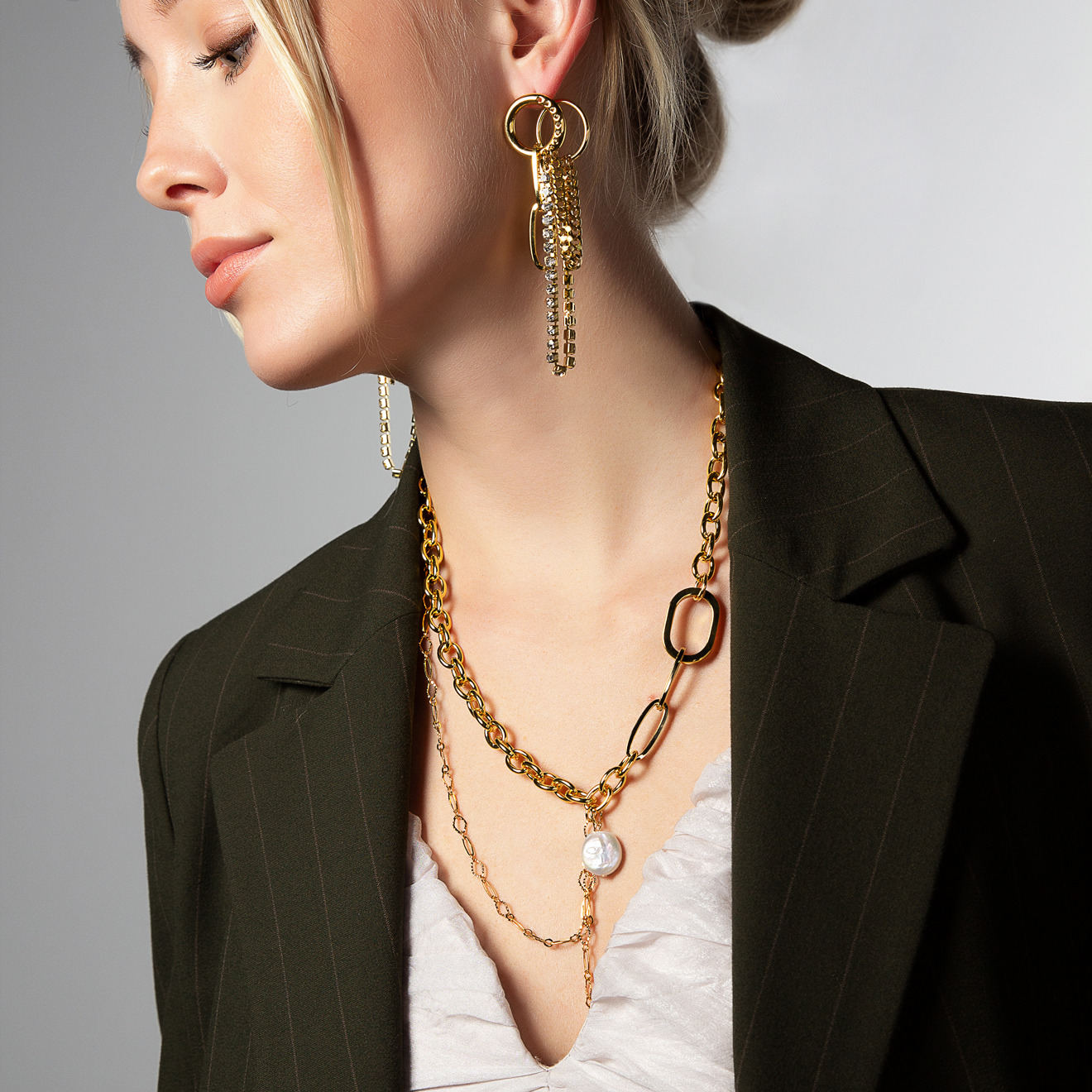 earrings with chain and crystals