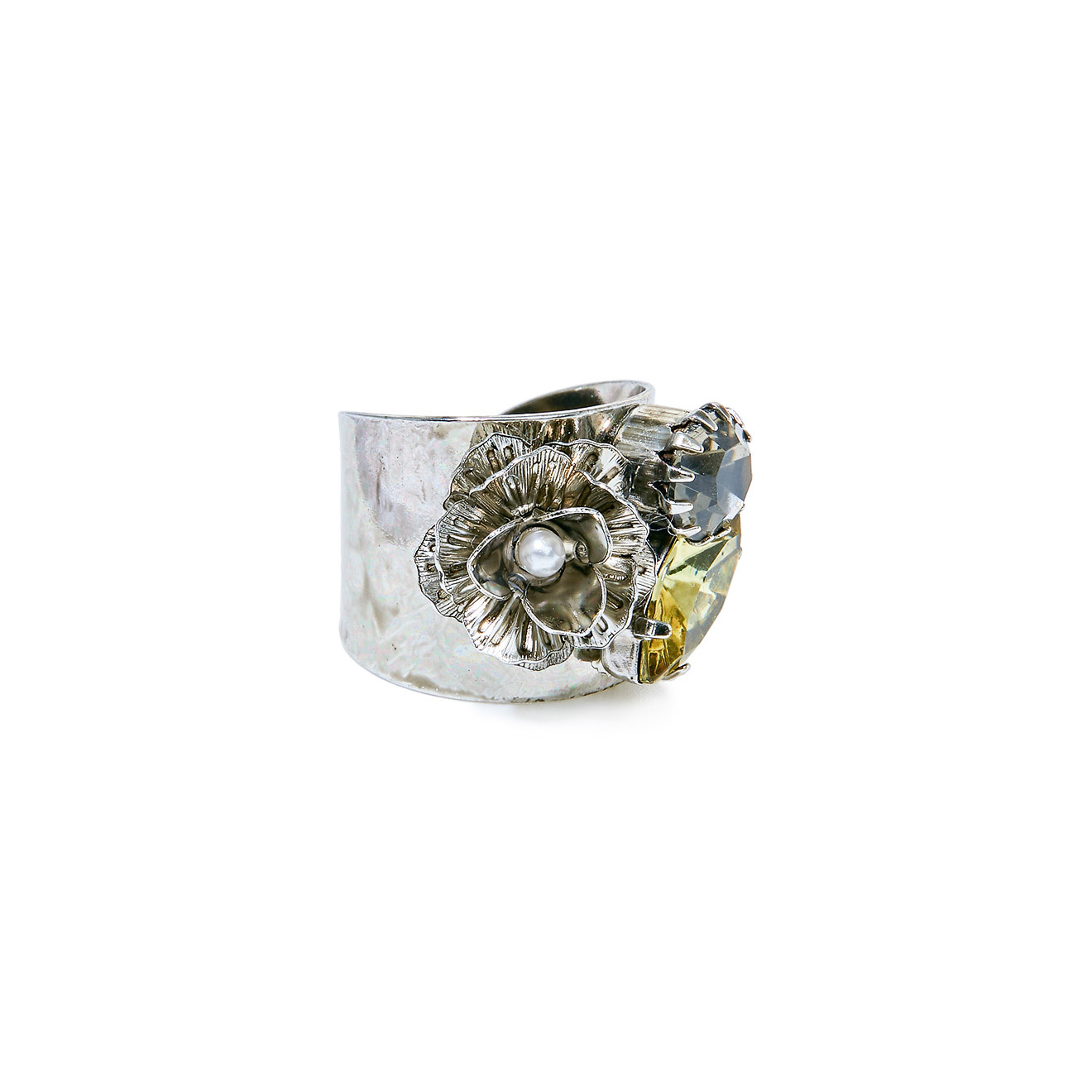 Blackened ring with flowers and crystals