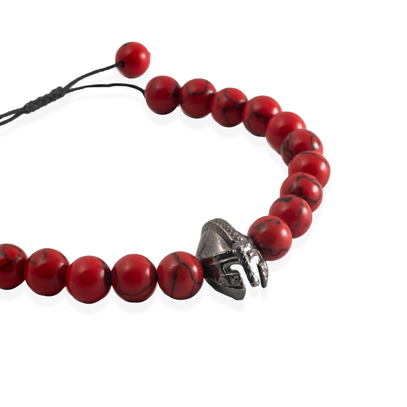 Bracelet with red beads and helmet pendant