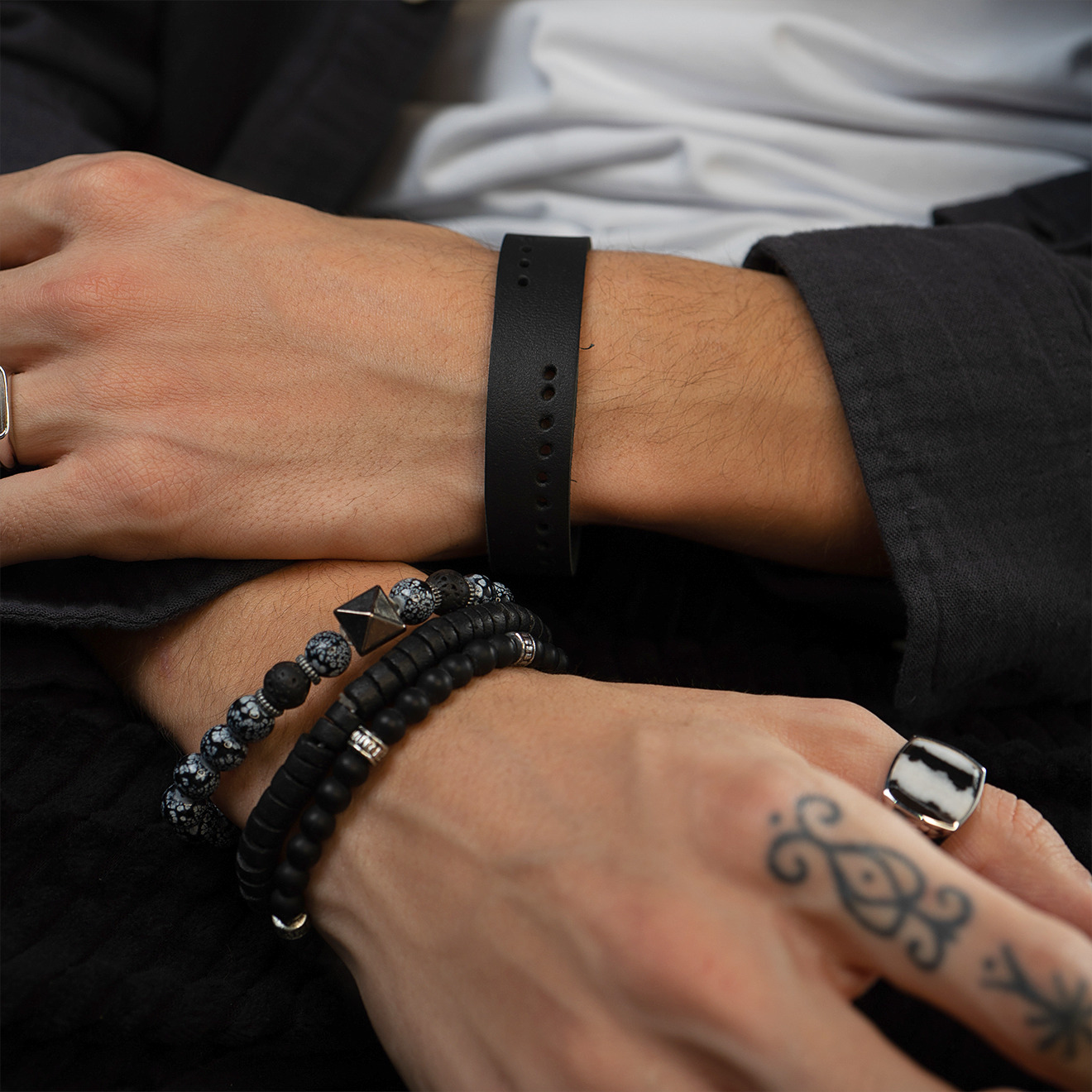 Wide black leather bracelet