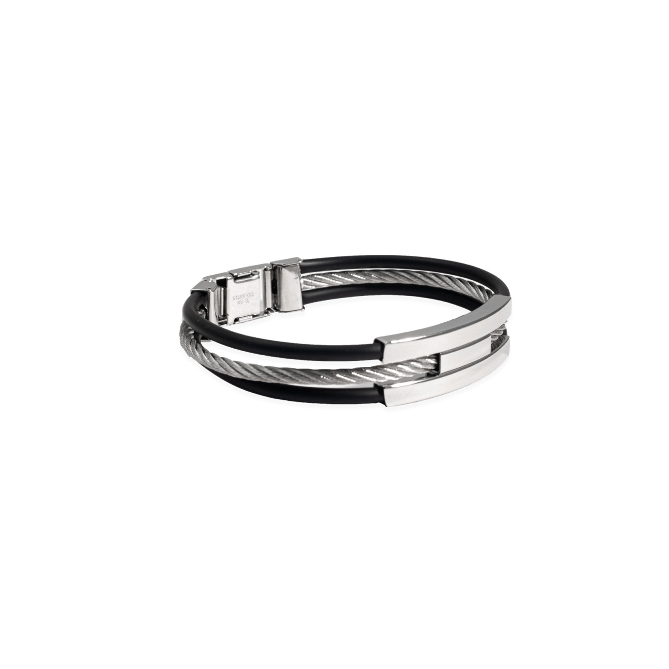 Wide leather and steel bracelet