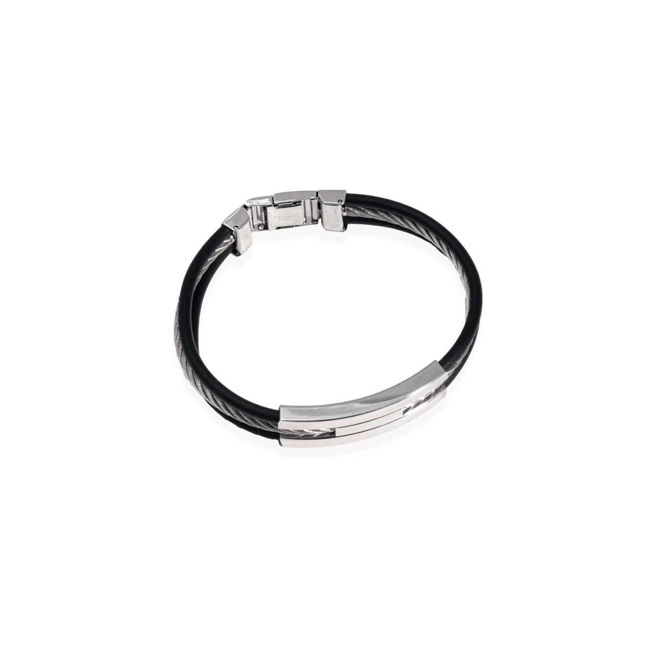 Wide leather and steel bracelet