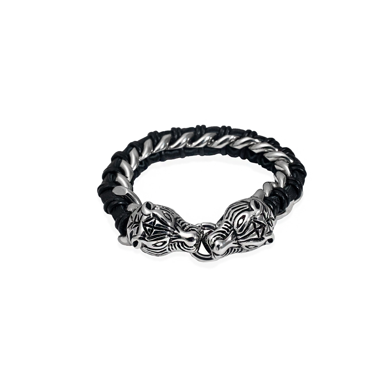 Leather and steel bracelet with tigers