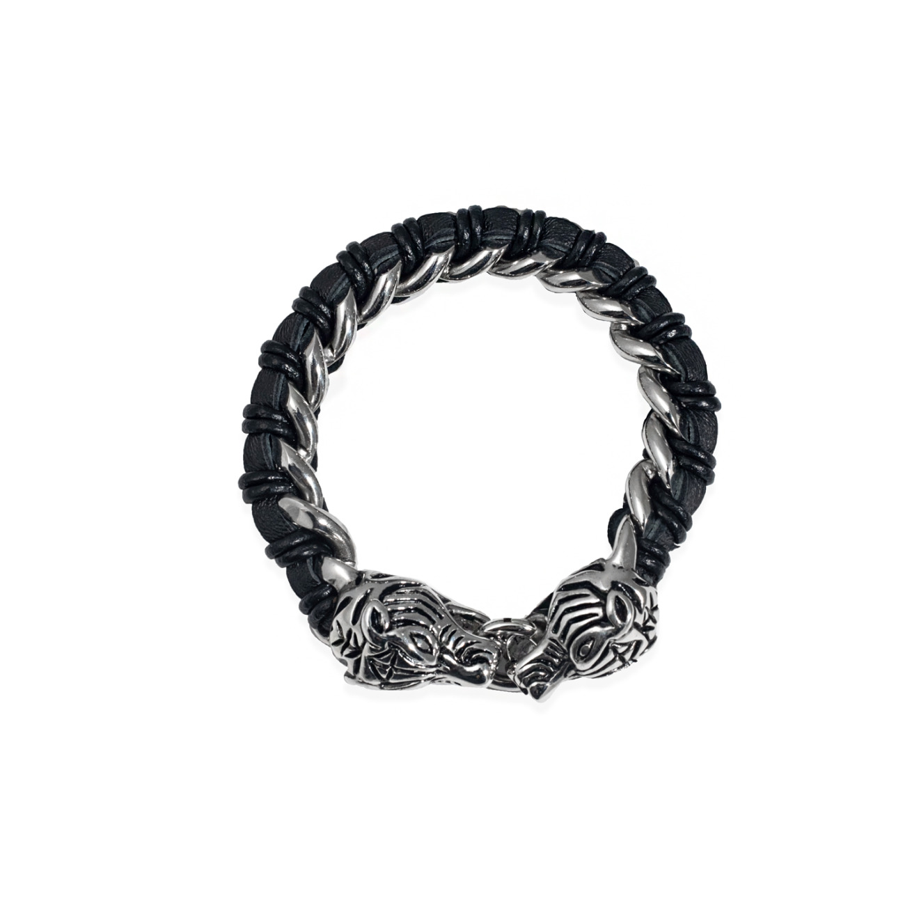 Leather and steel bracelet with tigers