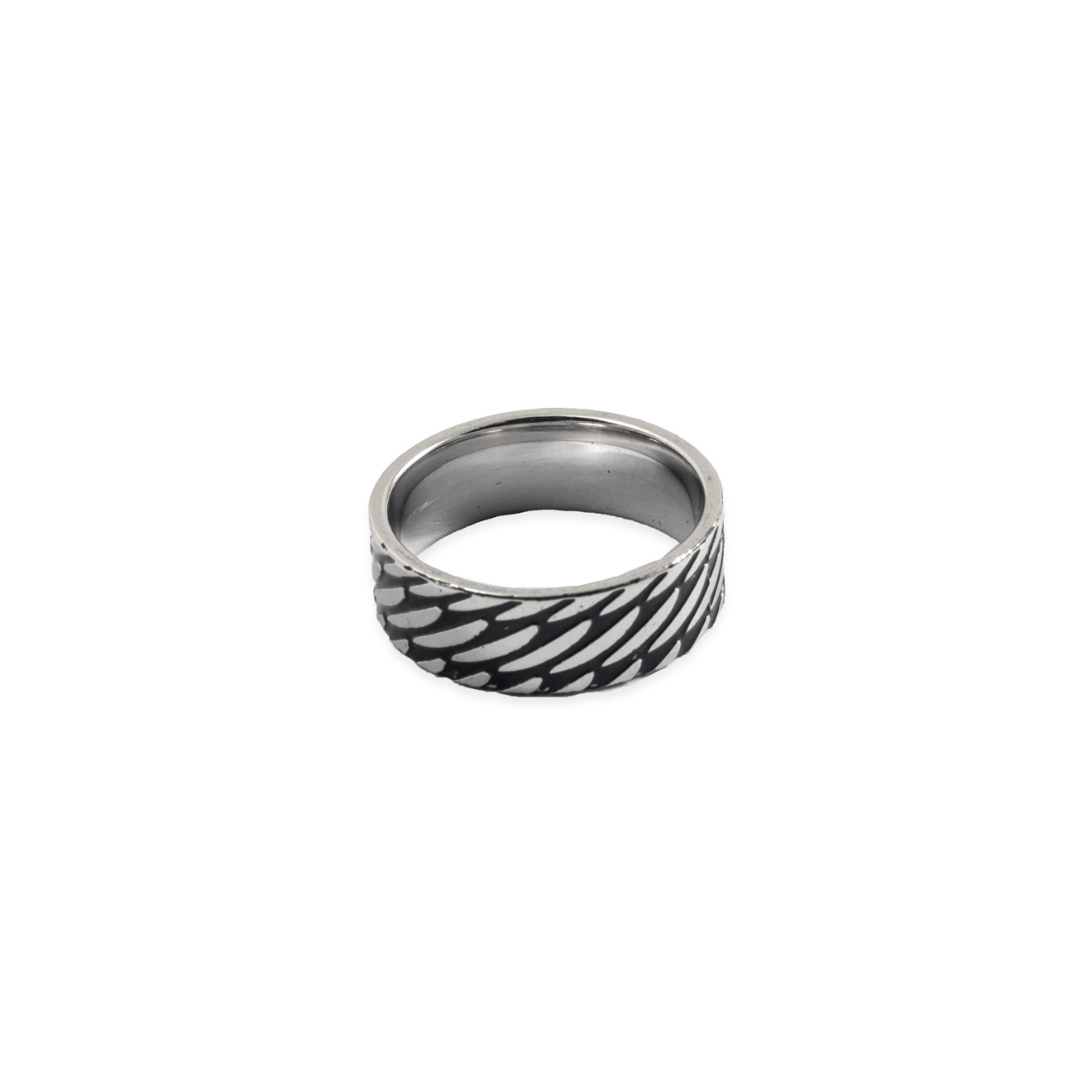 Wide steel ring with black stripes