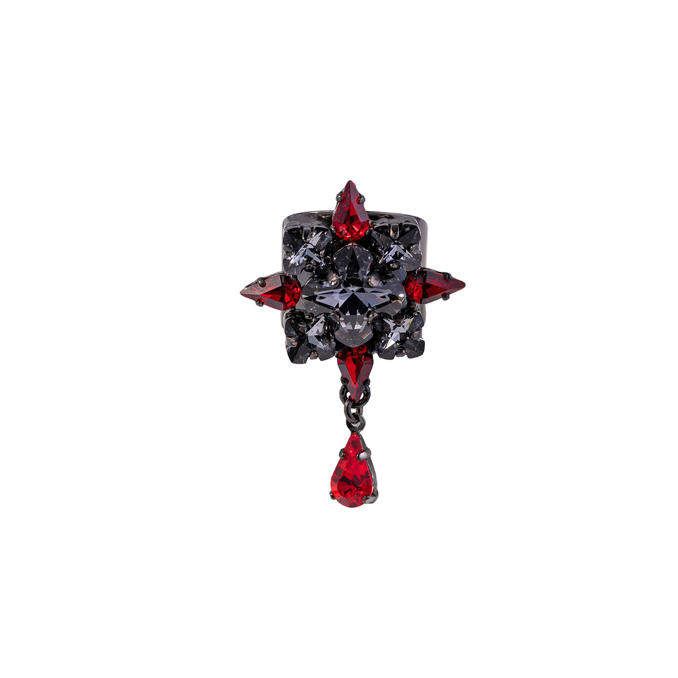 Black SW Drop Ring with Red Crystals