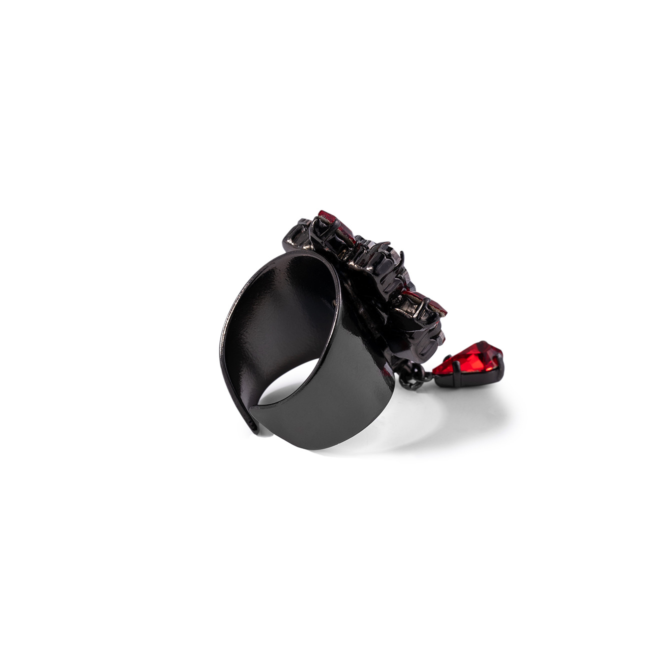 Black SW Drop Ring with Red Crystals