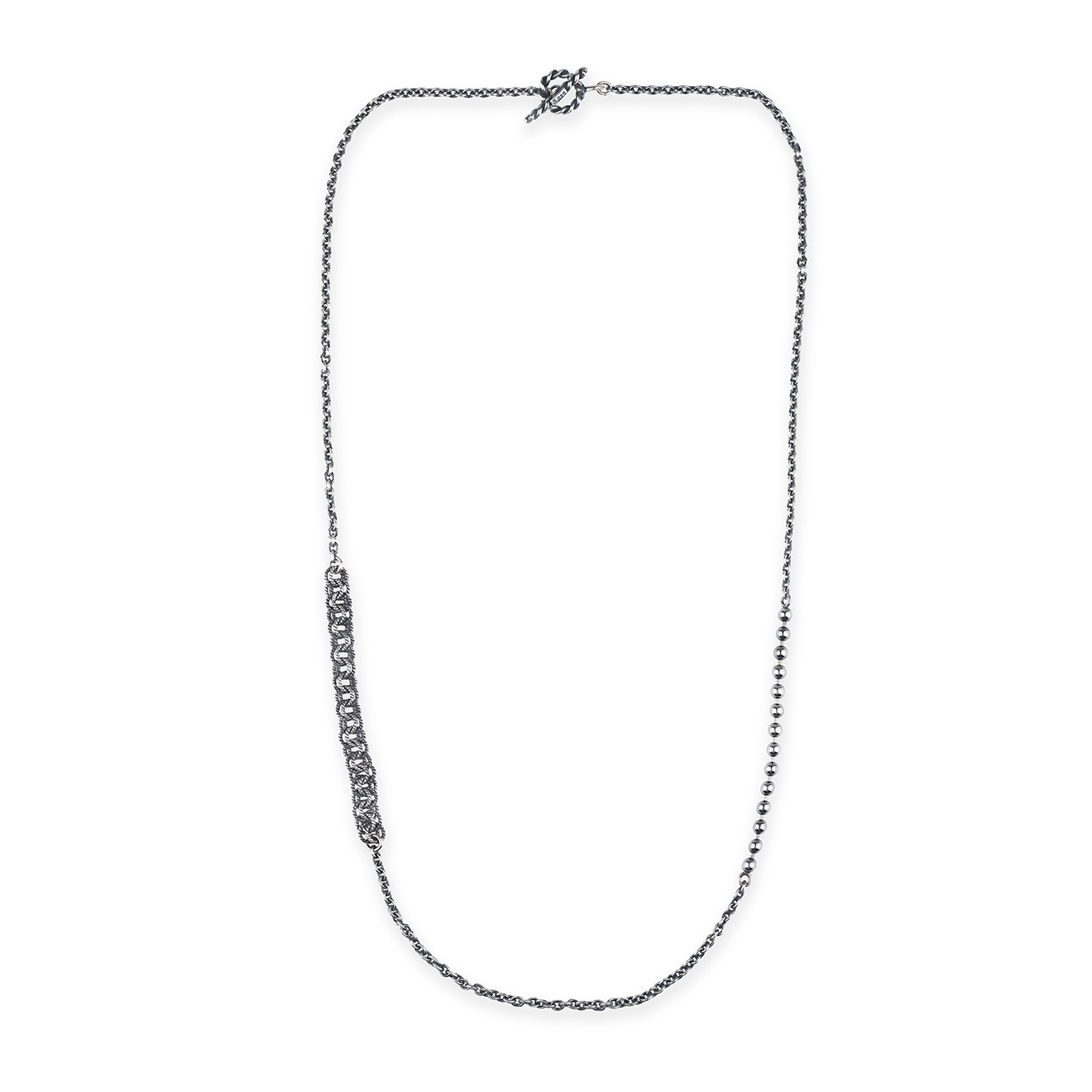 A long silver chain with different links