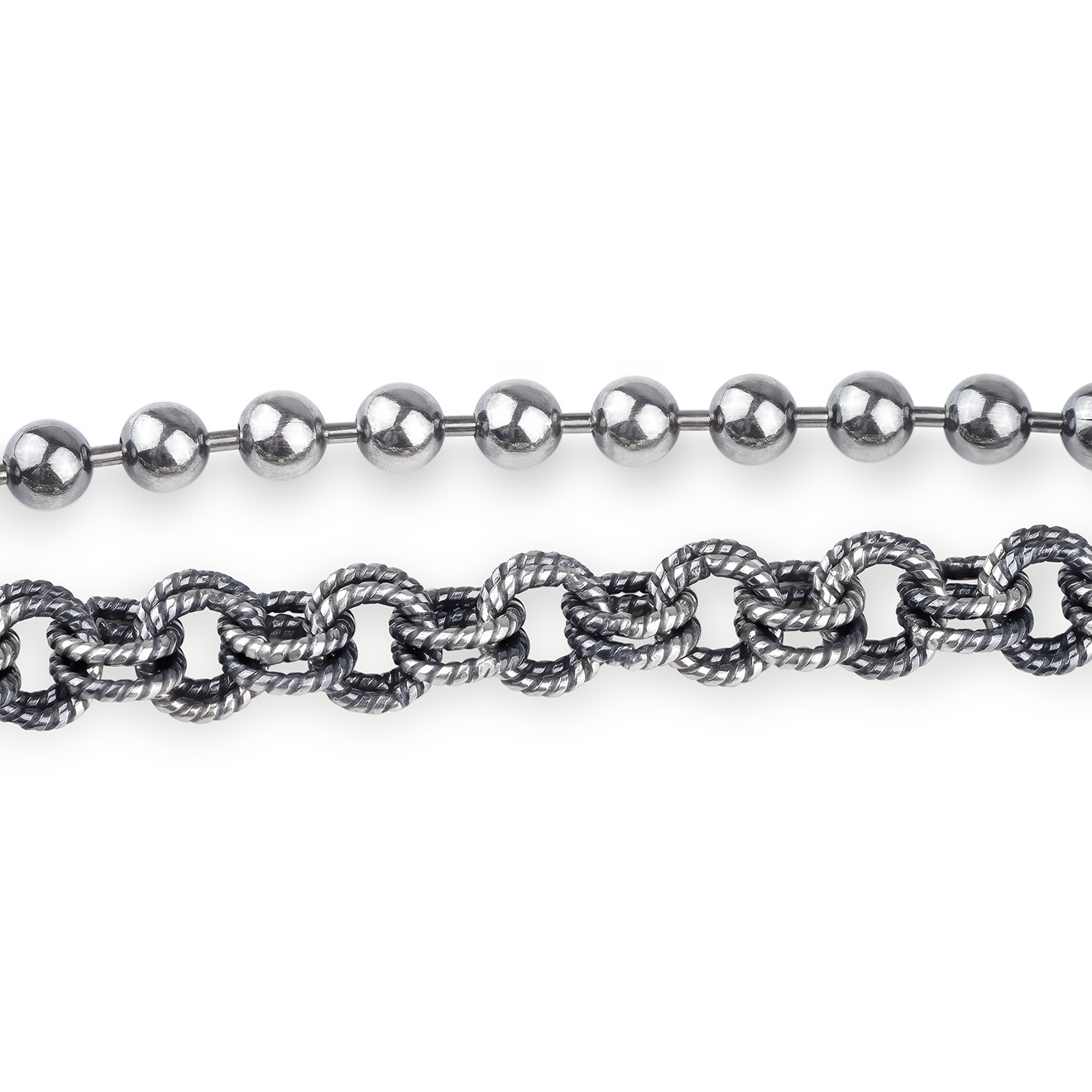 A long silver chain with different links