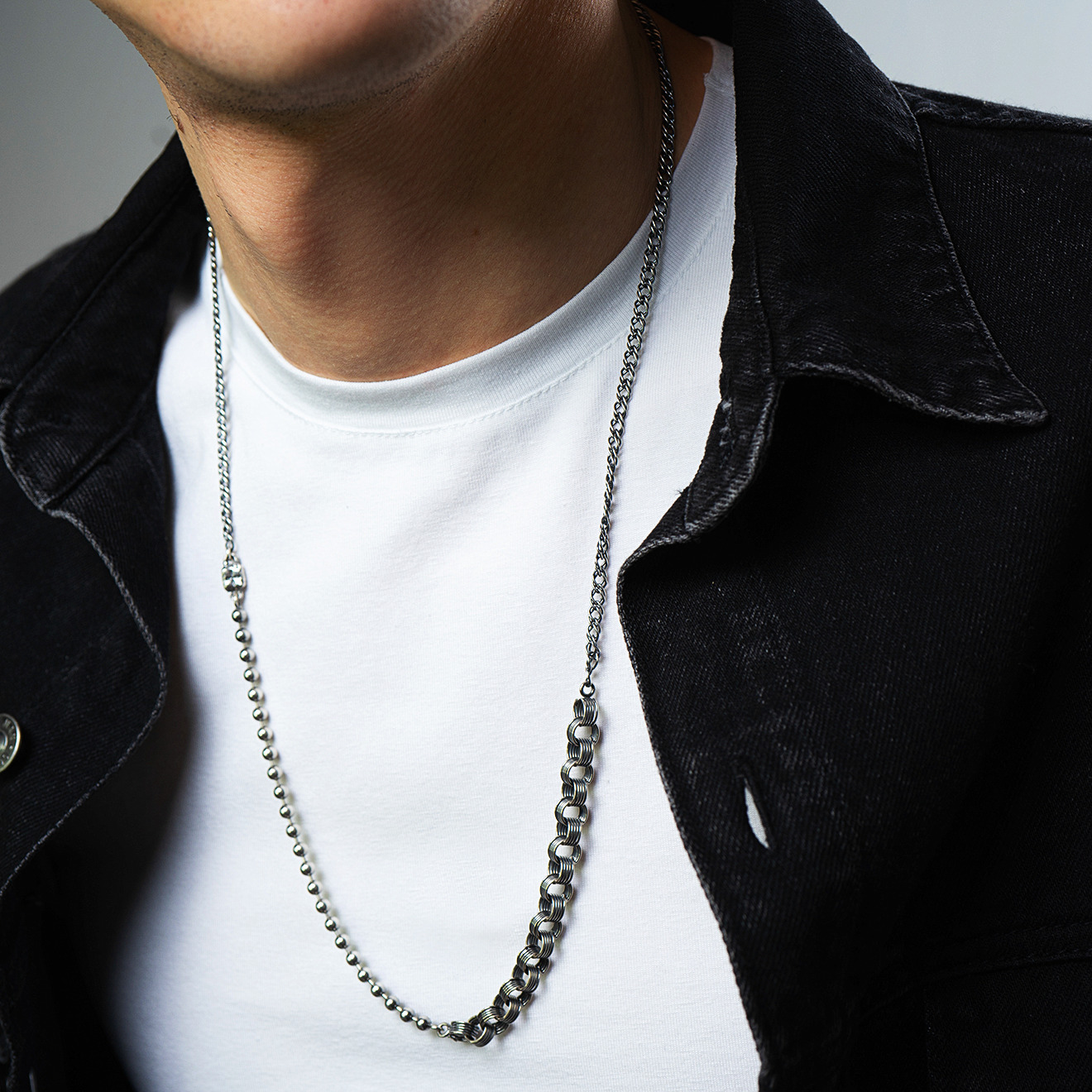A long silver chain with different links