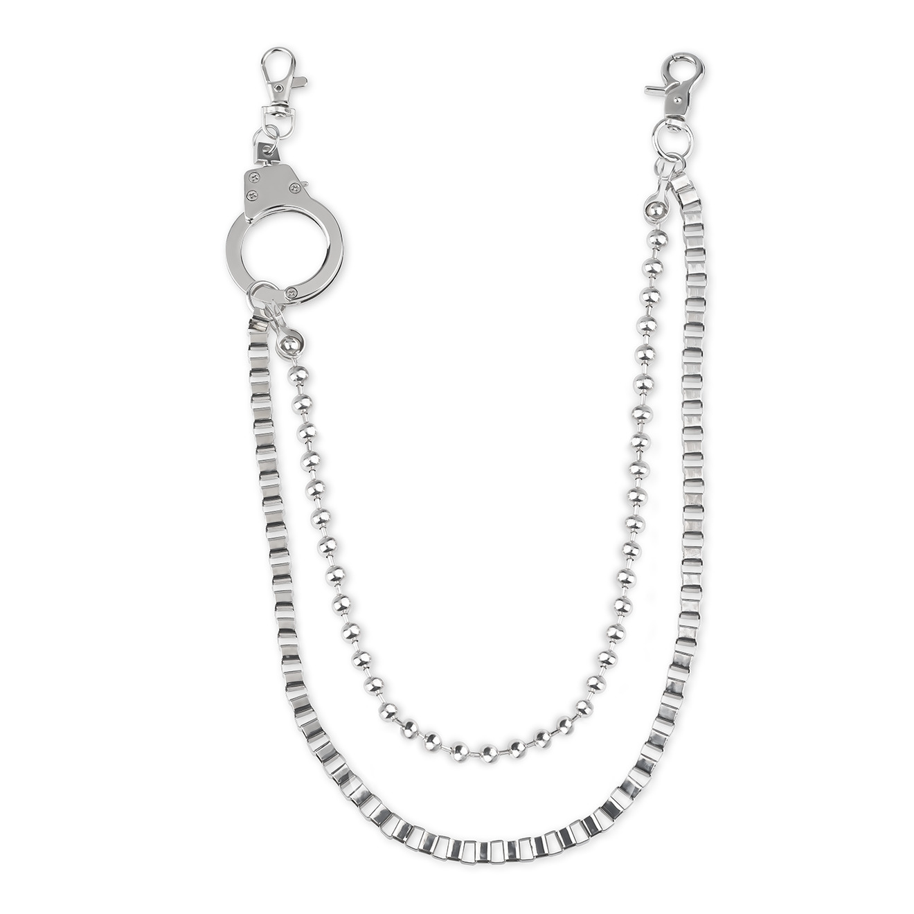 Double chain on trousers with steel handcuff