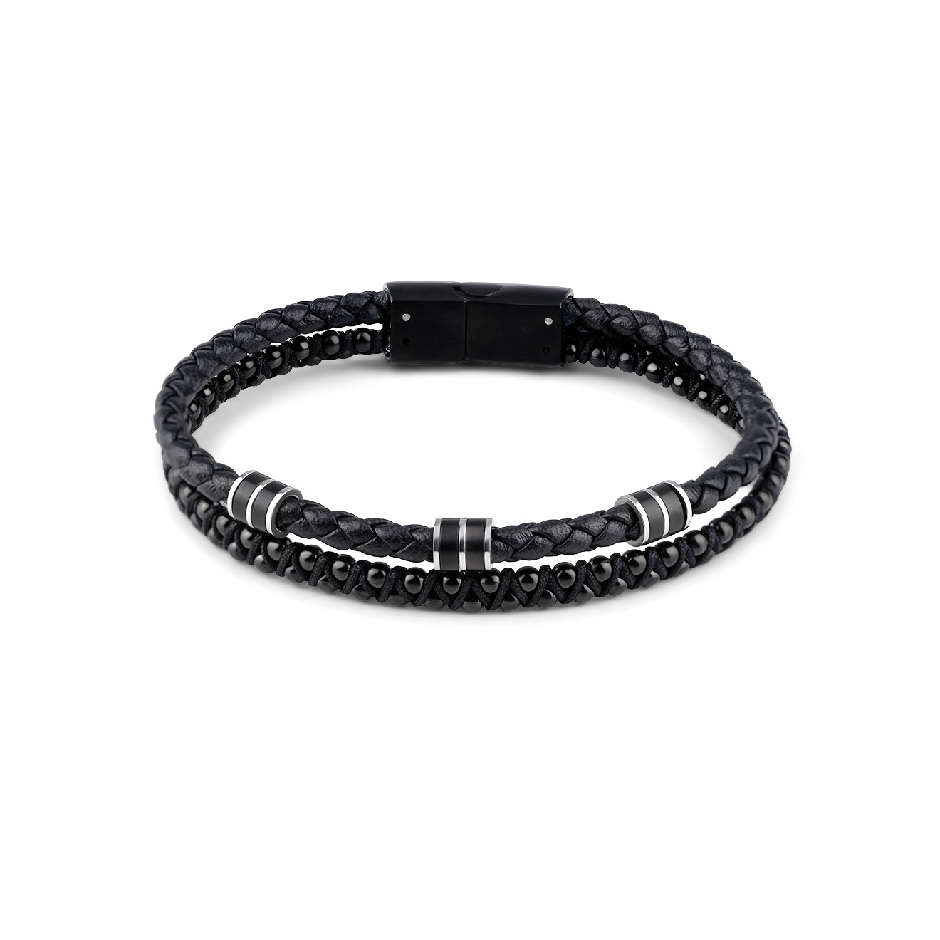 Double blackened steel and leather bracelet