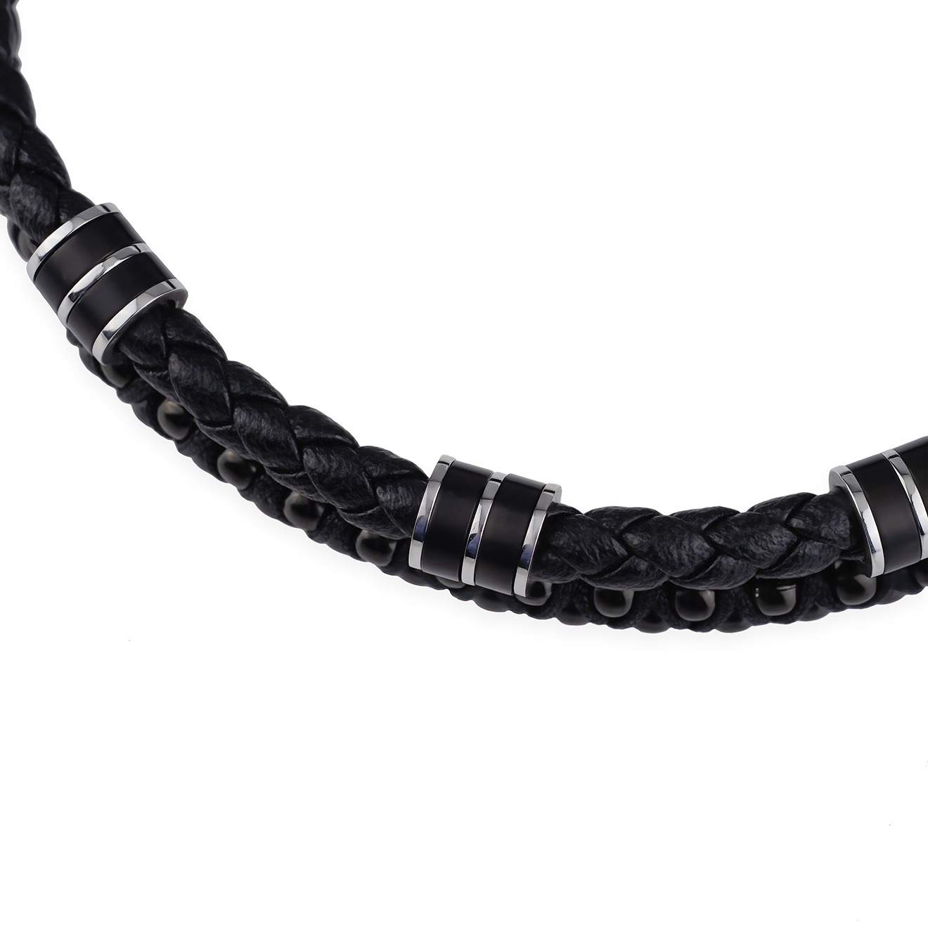Double blackened steel and leather bracelet