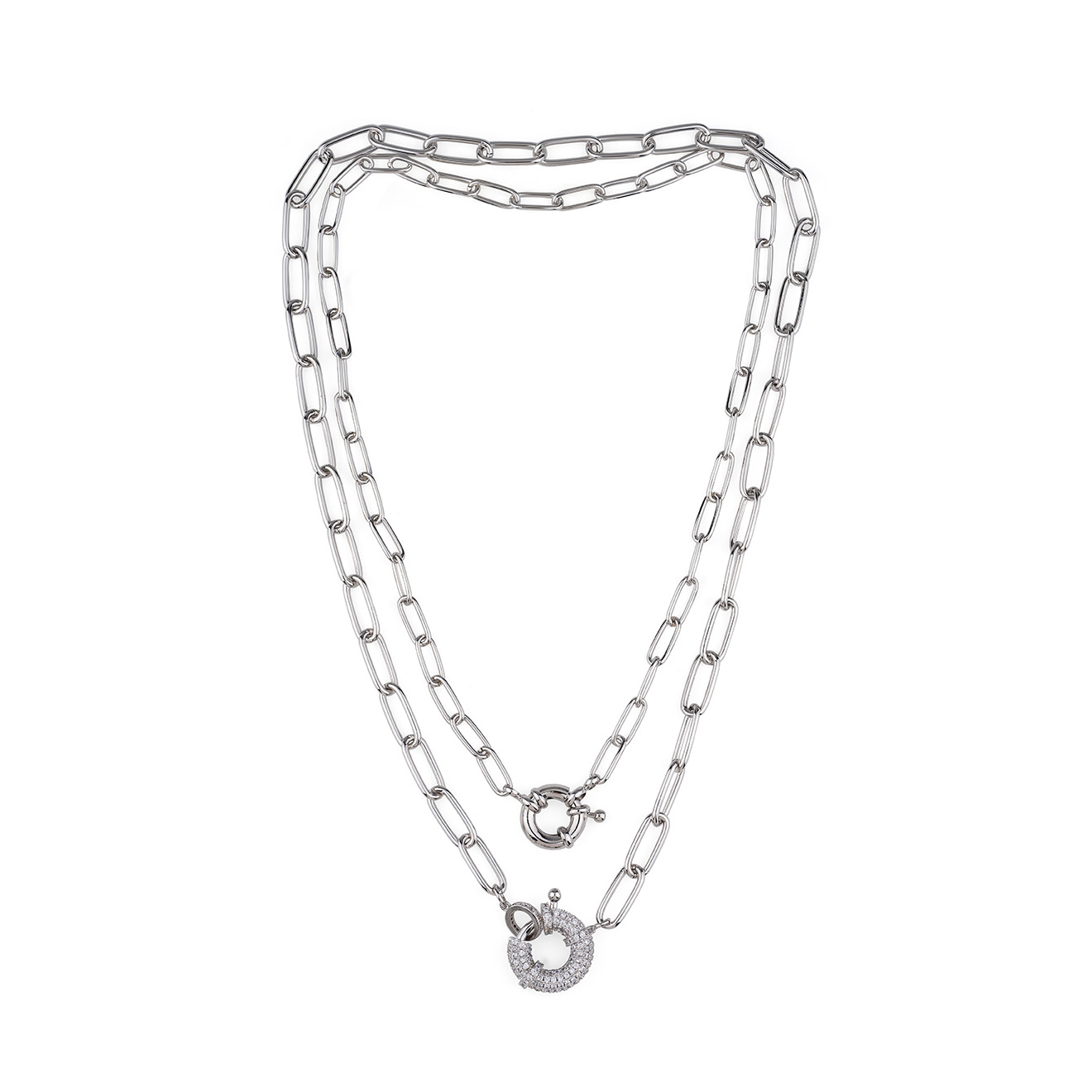 Double  Chain Necklace with Round Crystal Pendant