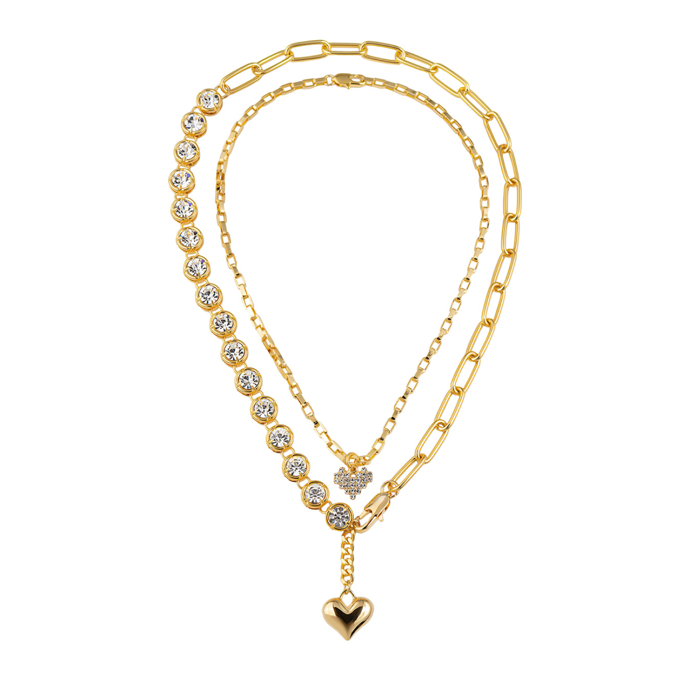 Double Chain Necklace with Crystals and Heart Pendant