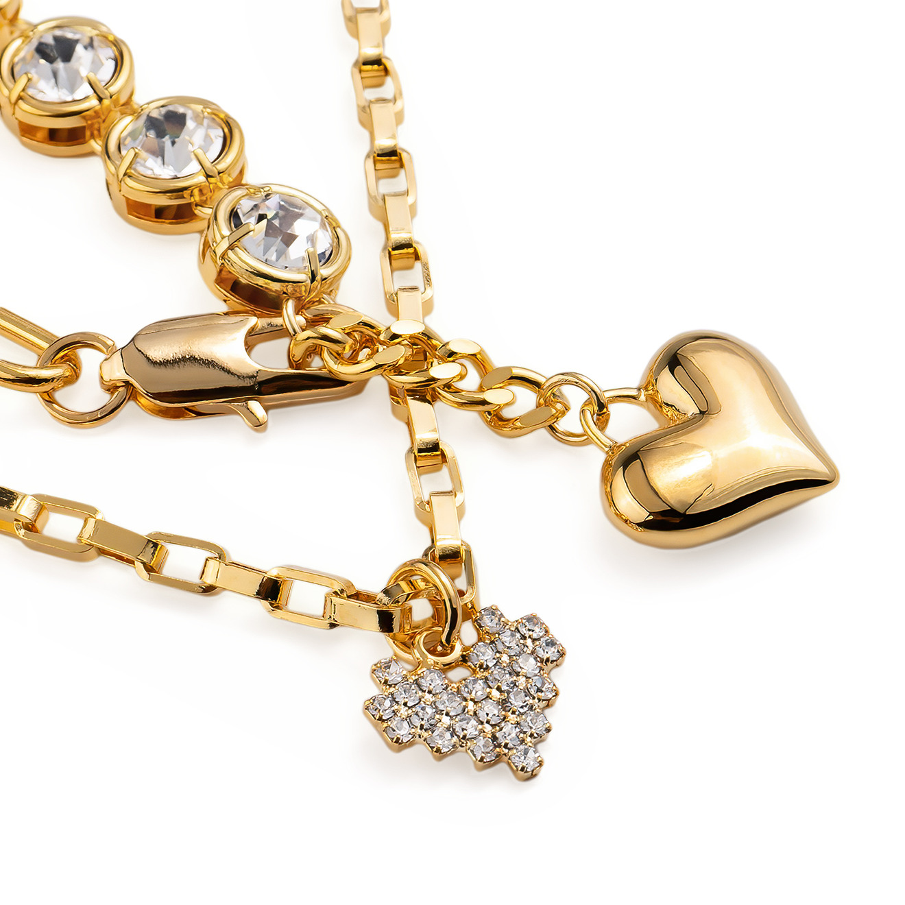 Double Chain Necklace with Crystals and Heart Pendant