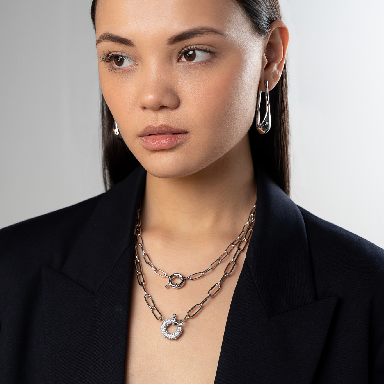 Double  Chain Necklace with Round Crystal Pendant