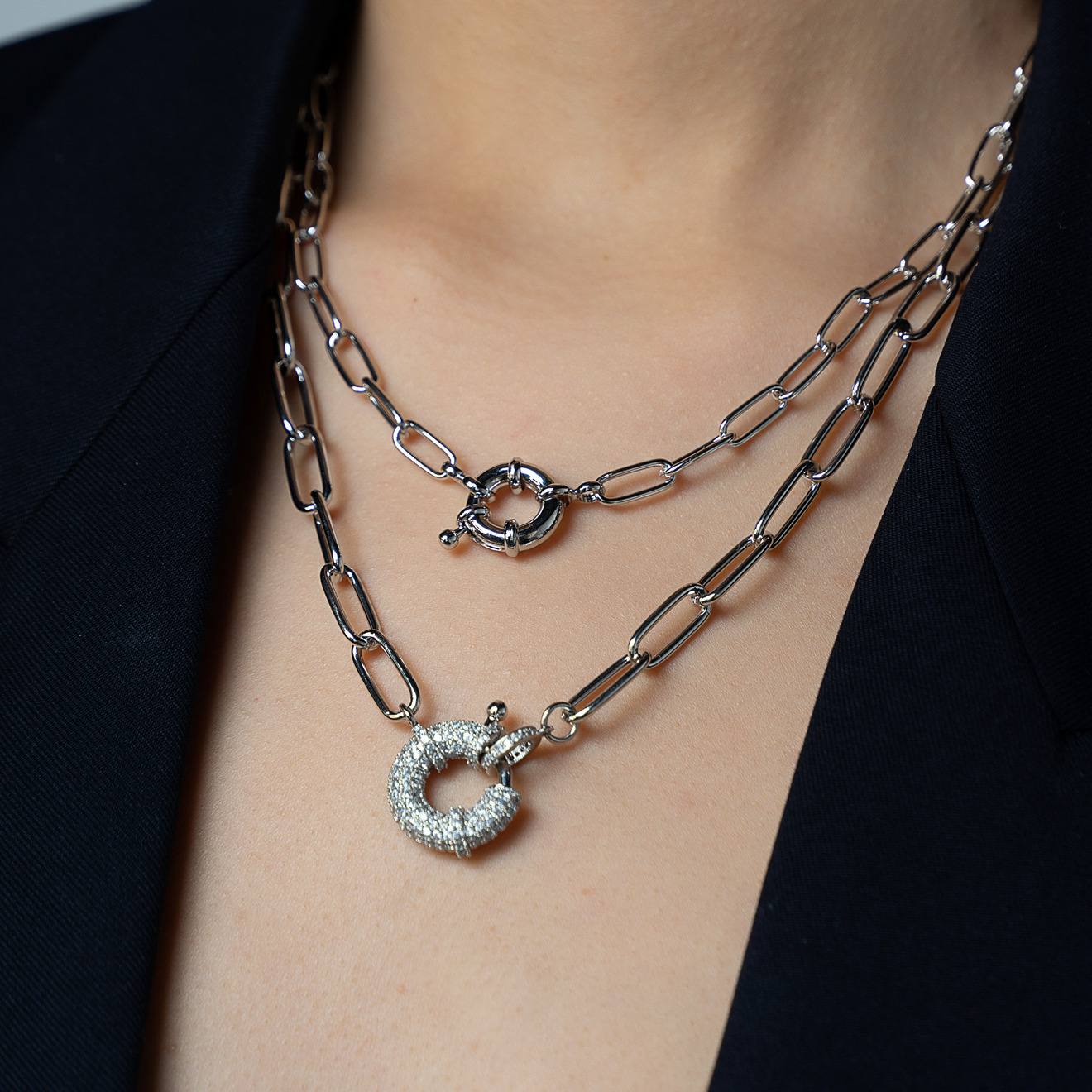 Double  Chain Necklace with Round Crystal Pendant
