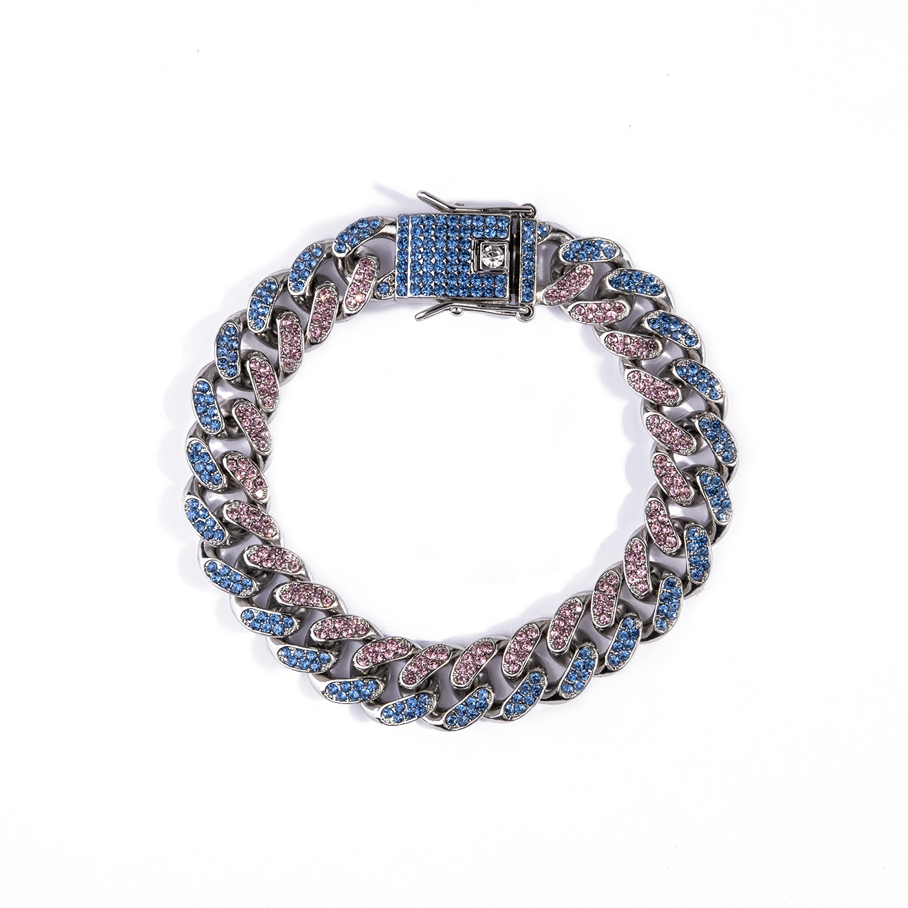 Silver chain bracelet with pink and blue crystals