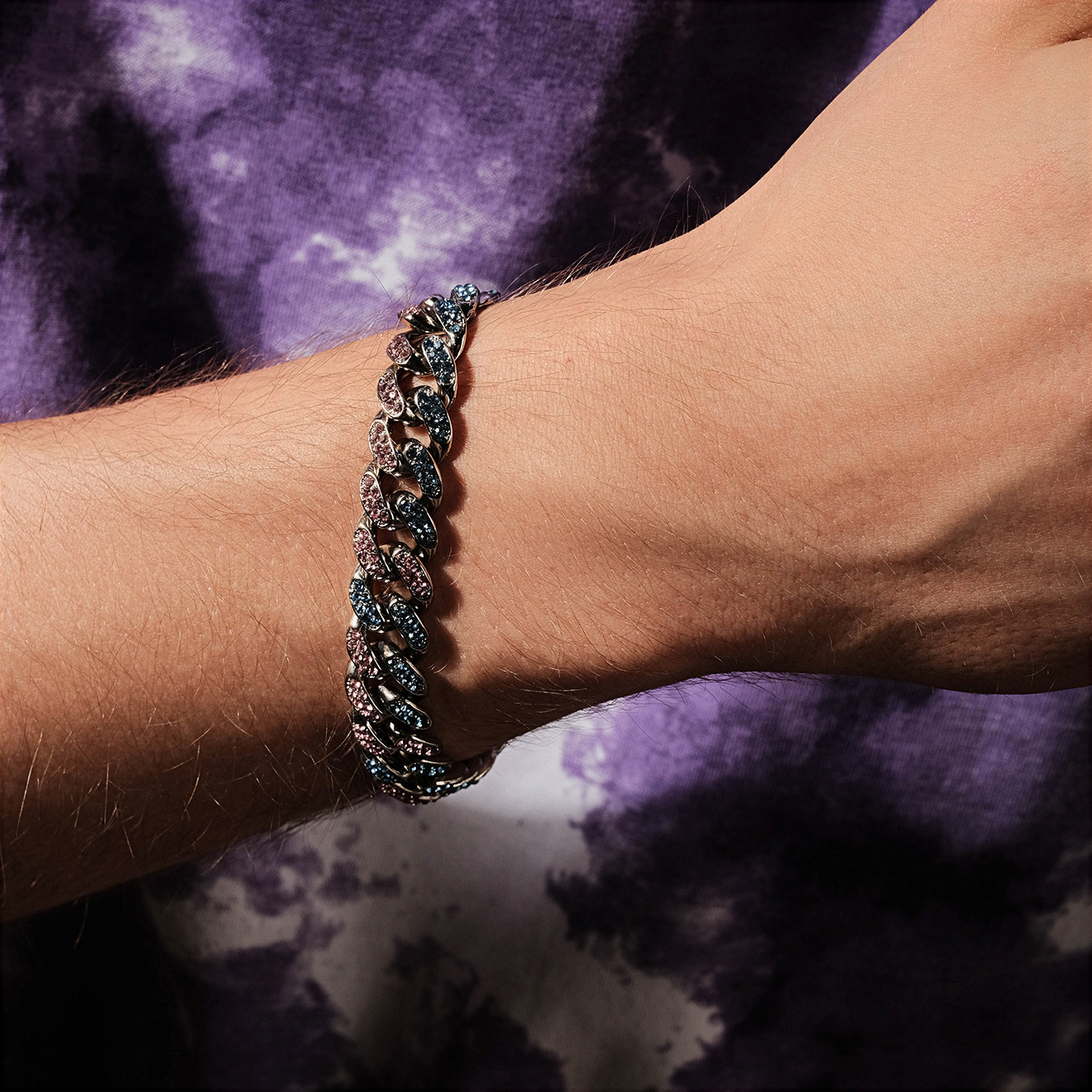 Silver chain bracelet with pink and blue crystals