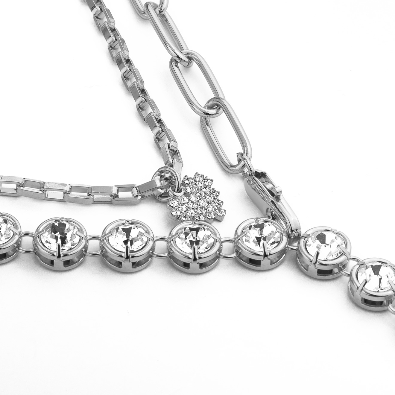 Double necklace with chain, crystals and hearts