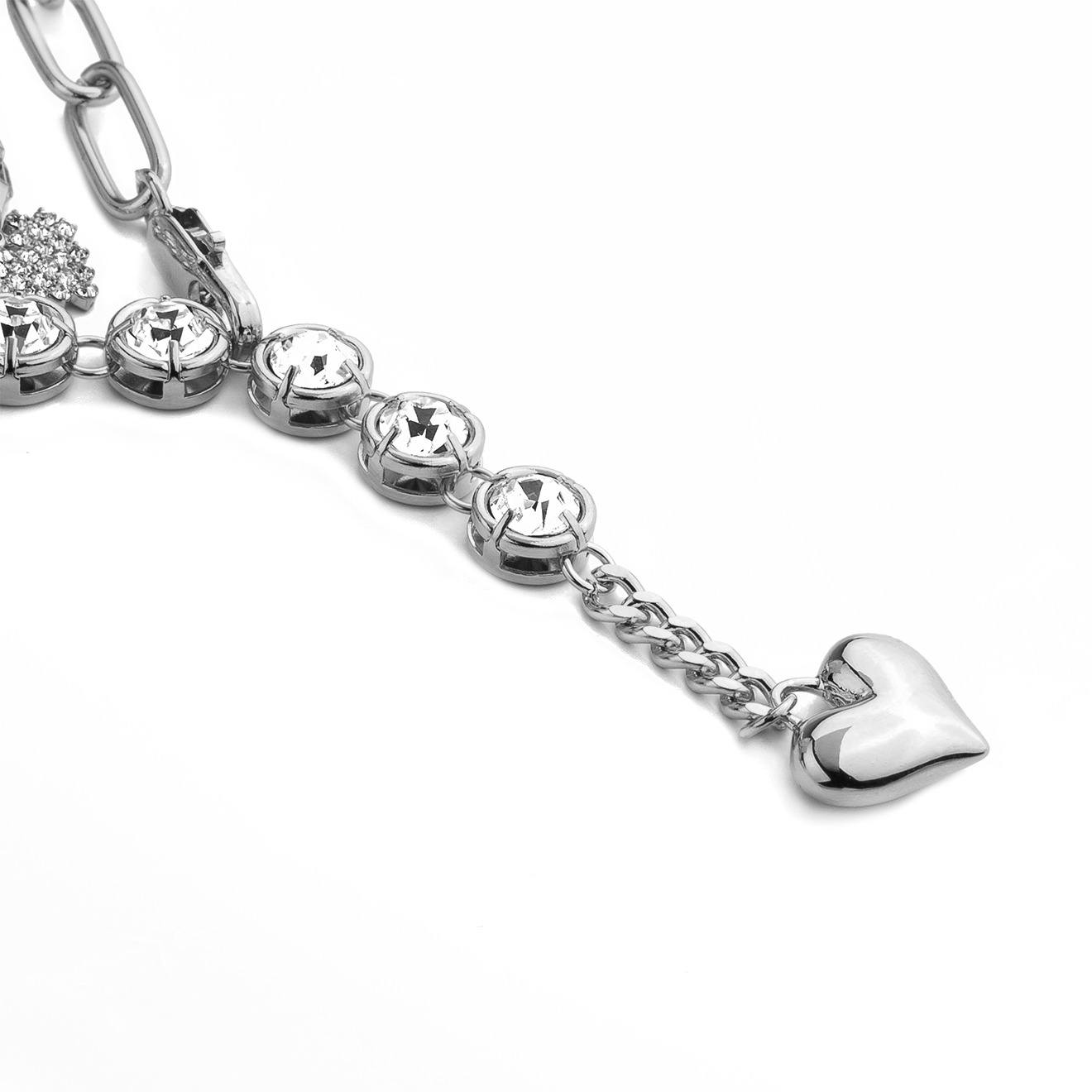Double necklace with chain, crystals and hearts