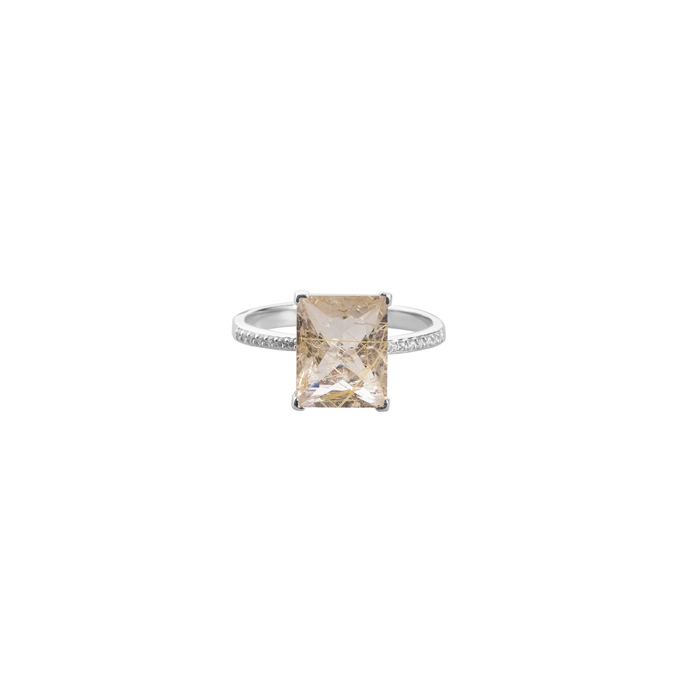 Silver ring with rutile quartz cut baguette