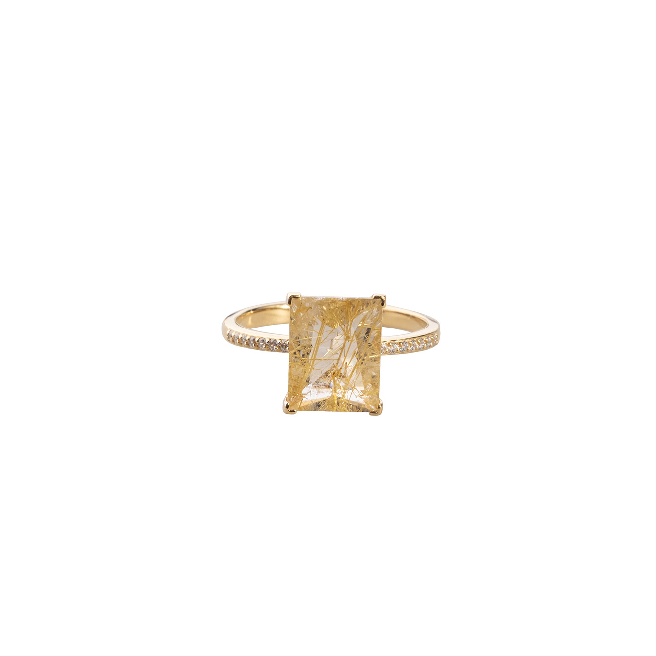 Gold-plated silver ring with rutile quartz cut baguette